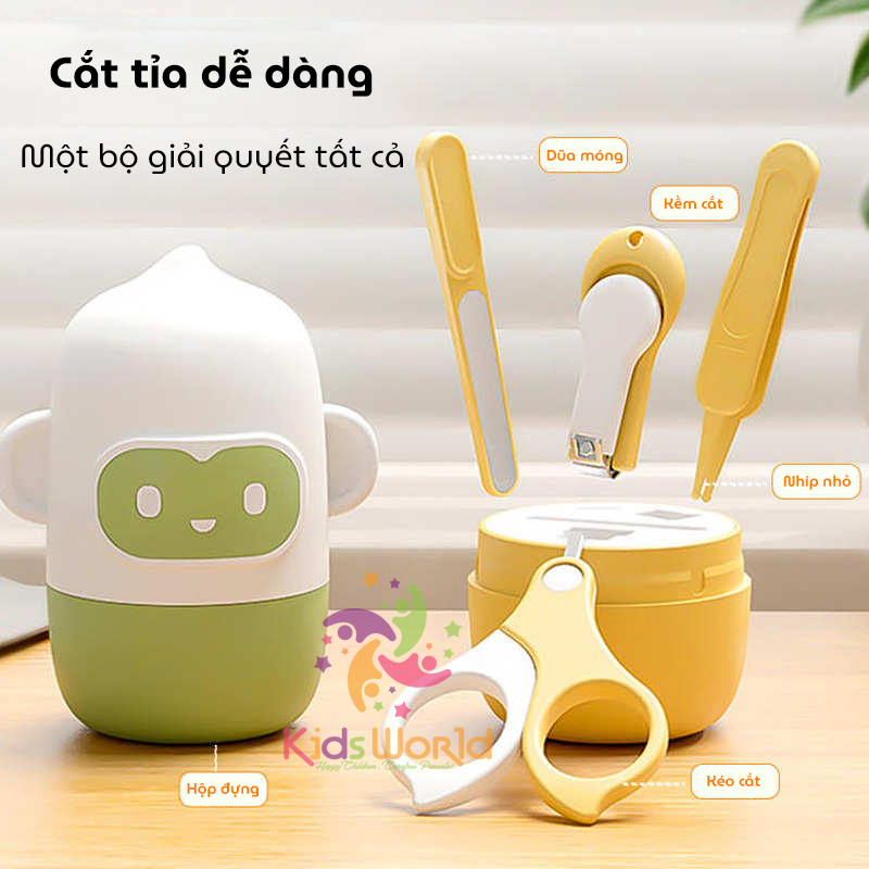 Bộ bấm móng tay móng chân cho bé hình khỉ dễ thương với 4 chi tiết kéo cắt, kìm bấm, nhíp, dũa móng chống kẹp thịt an toàn cho bé