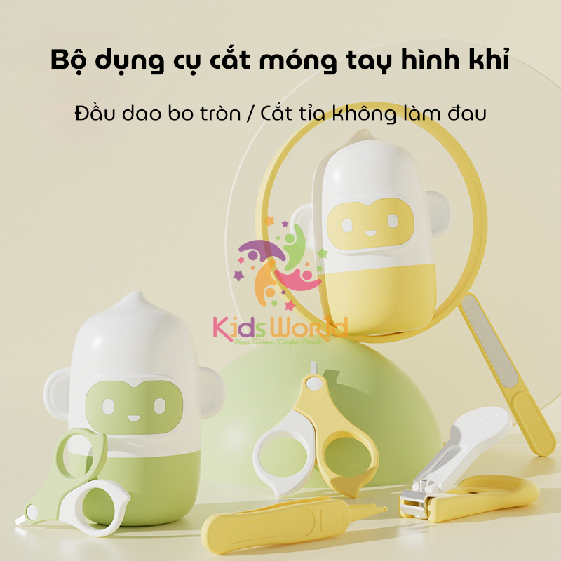 Bộ bấm móng tay móng chân cho bé hình khỉ dễ thương với 4 chi tiết kéo cắt, kìm bấm, nhíp, dũa móng chống kẹp thịt an toàn cho bé