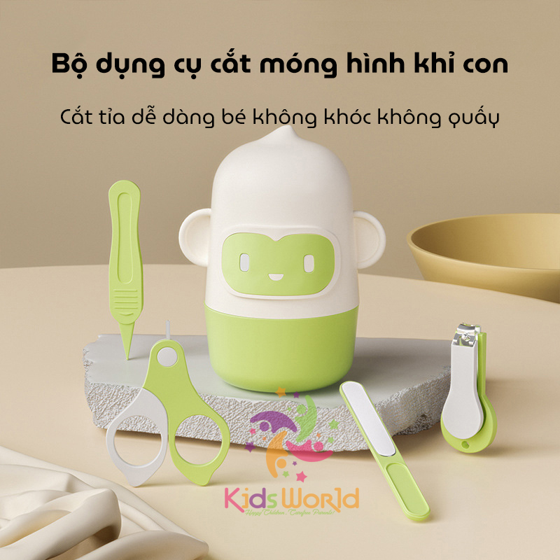 Bộ bấm móng tay móng chân cho bé hình khỉ dễ thương với 4 chi tiết kéo cắt, kìm bấm, nhíp, dũa móng chống kẹp thịt an toàn cho bé