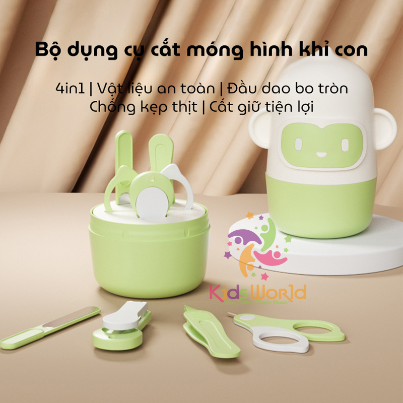Bộ bấm móng tay móng chân cho bé hình khỉ dễ thương với 4 chi tiết kéo cắt, kìm bấm, nhíp, dũa móng chống kẹp thịt an toàn cho bé