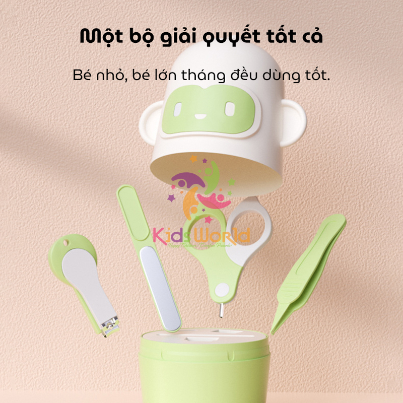 Bộ bấm móng tay móng chân cho bé hình khỉ dễ thương với 4 chi tiết kéo cắt, kìm bấm, nhíp, dũa móng chống kẹp thịt an toàn cho bé