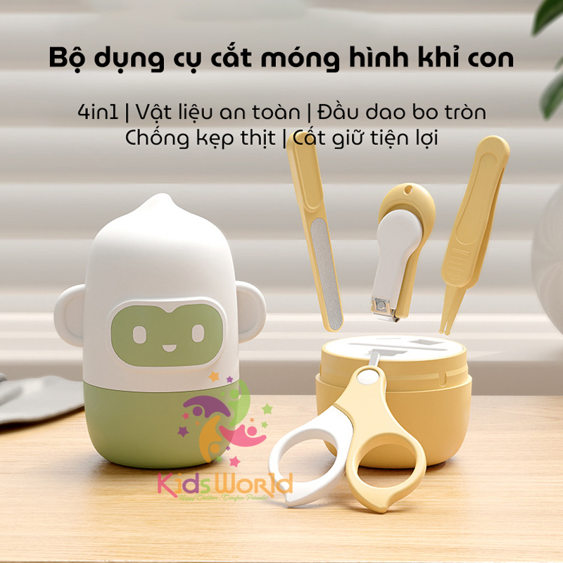 Bộ bấm móng tay móng chân cho bé hình khỉ dễ thương với 4 chi tiết kéo cắt, kìm bấm, nhíp, dũa móng chống kẹp thịt an toàn cho bé