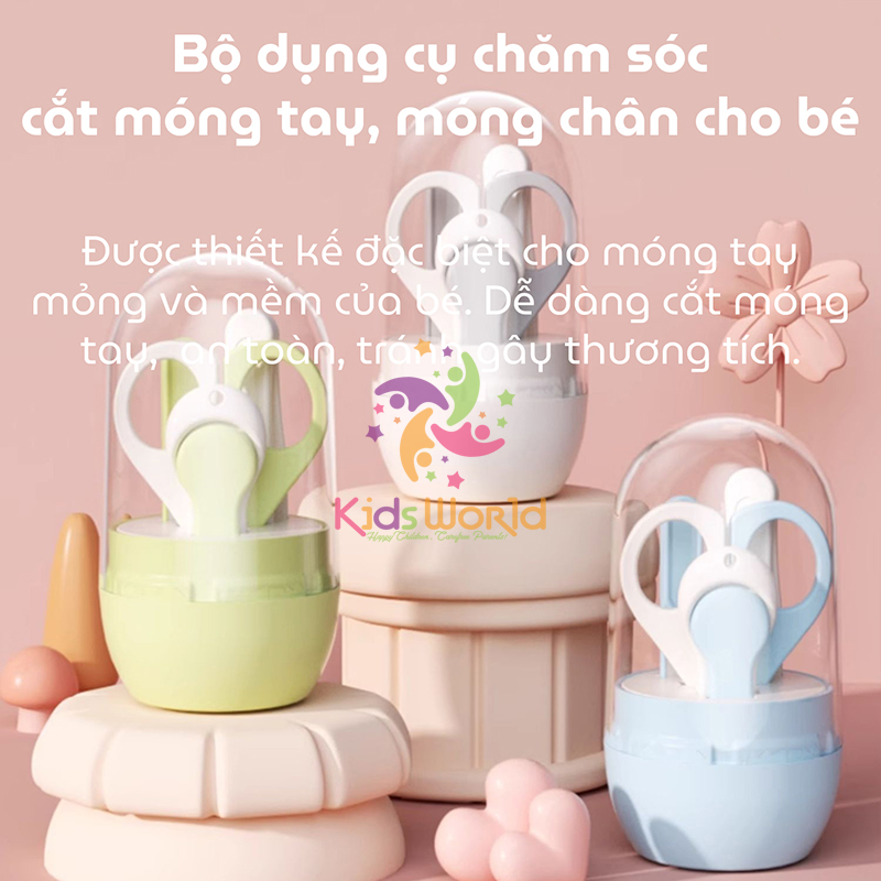 Bộ bấm móng tay móng chân cho bé hình trụ 4 chi tiết gồm bấm móng, kéo, nhíp, dũa chống kẹp thịt an toàn cho bé