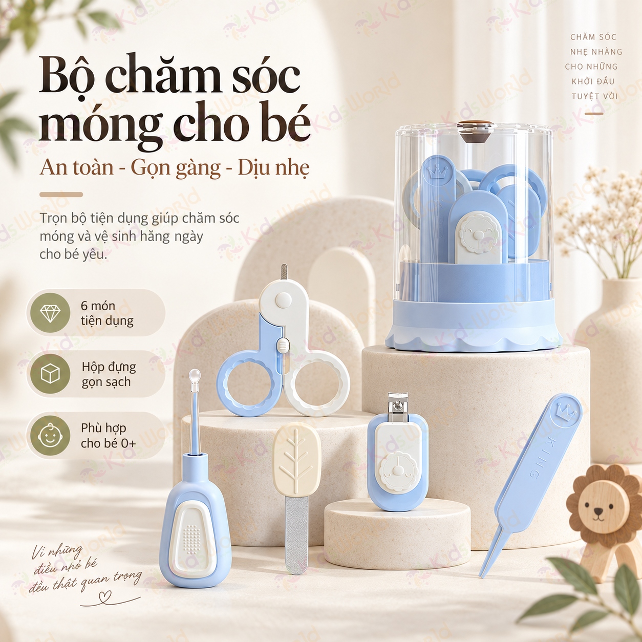 Bộ chăm sóc bấm móng tay móng chân cho bé 6 chi tiết hình sư tử kéo an toàn dũa móng nhíp que lấy ráy tai có đèn hộp đựng gọn sạch