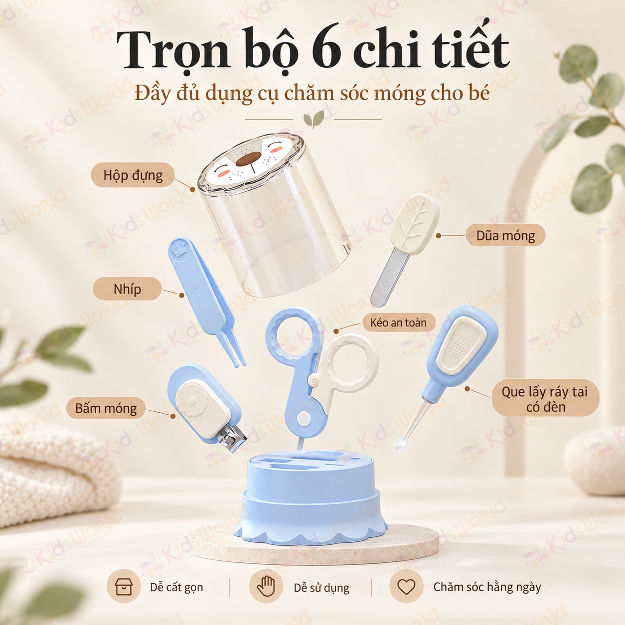 Bộ chăm sóc bấm móng tay móng chân cho bé 6 chi tiết hình sư tử kéo an toàn dũa móng nhíp que lấy ráy tai có đèn hộp đựng gọn sạch