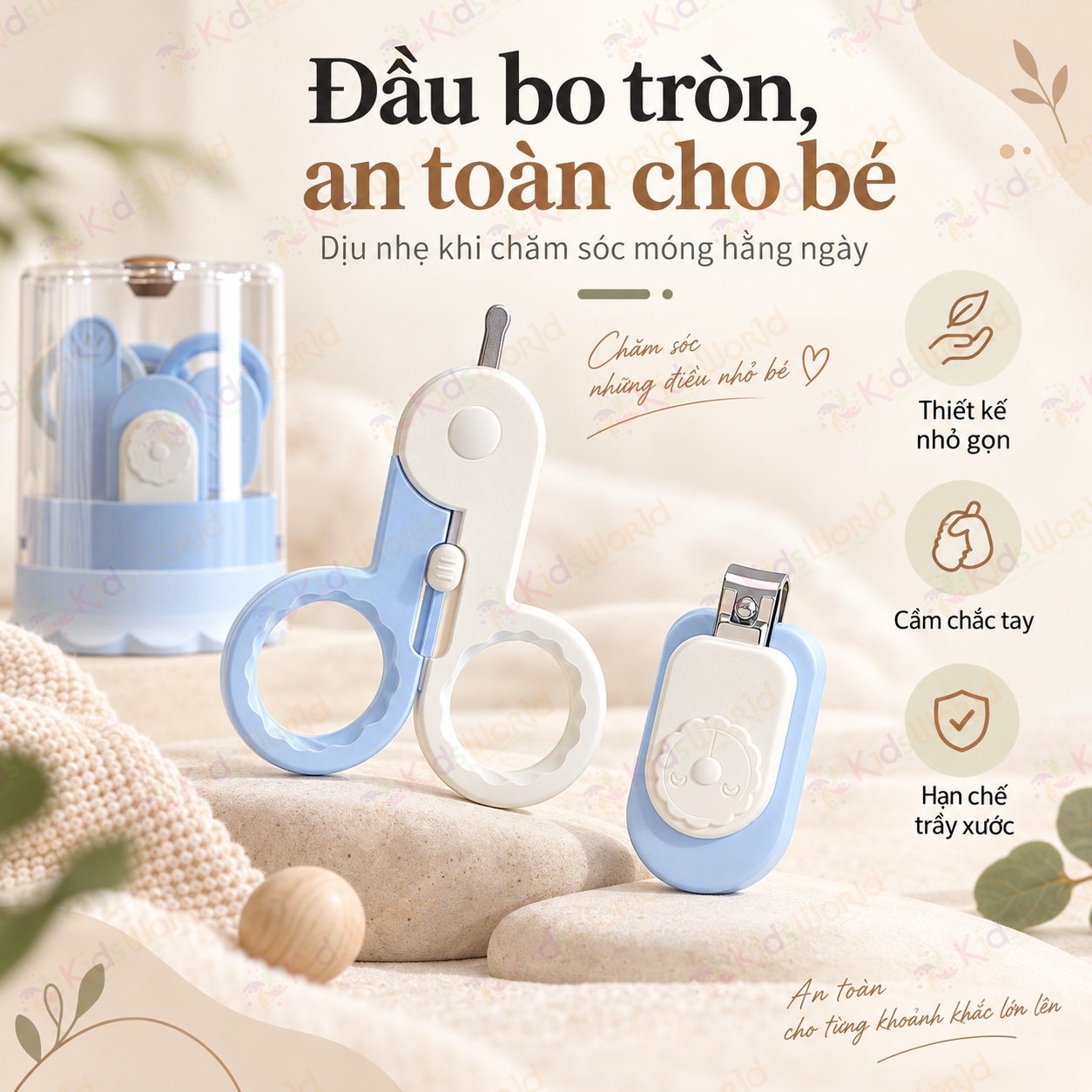 Bộ chăm sóc bấm móng tay móng chân cho bé 6 chi tiết hình sư tử kéo an toàn dũa móng nhíp que lấy ráy tai có đèn hộp đựng gọn sạch