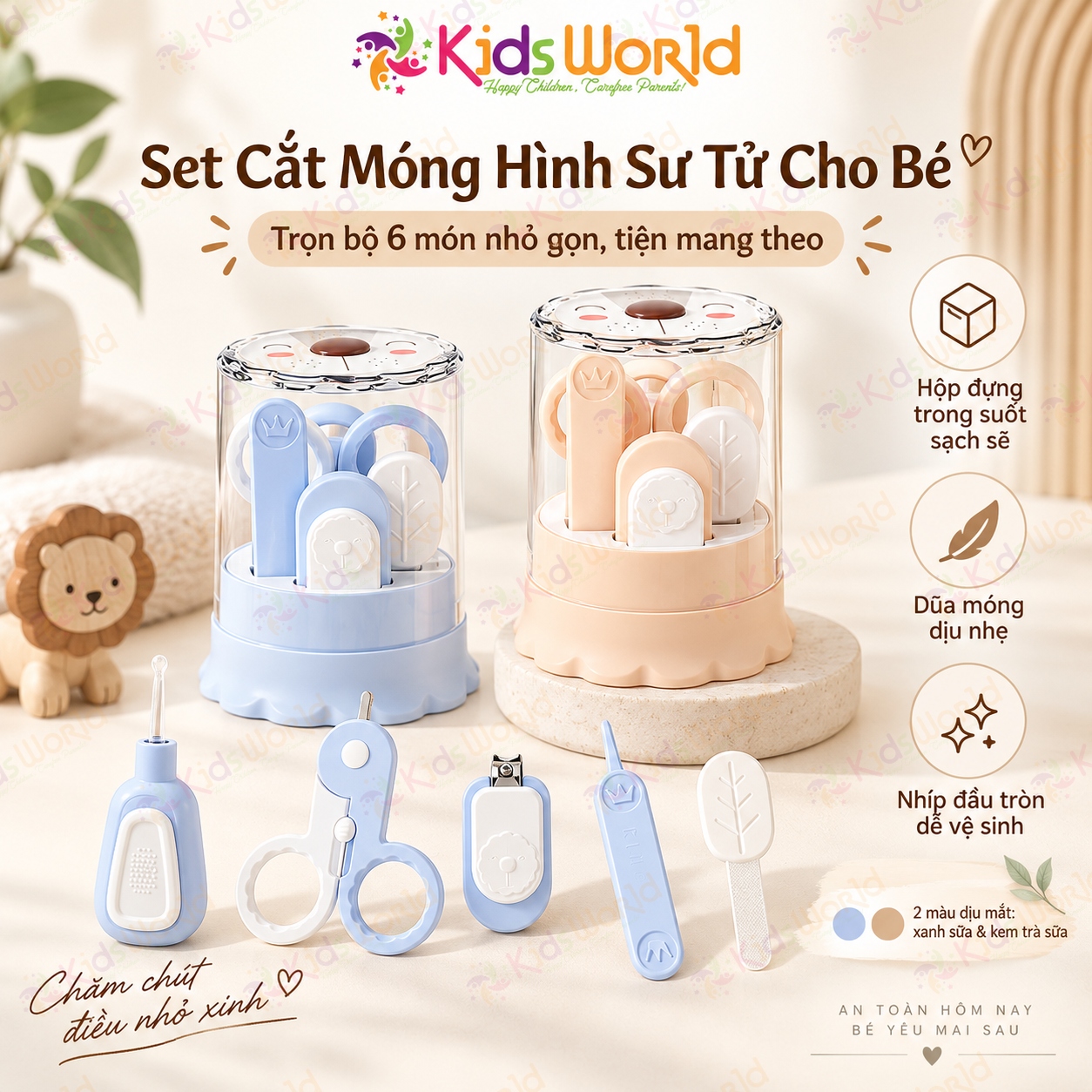 Bộ chăm sóc bấm móng tay móng chân cho bé 6 chi tiết hình sư tử kéo an toàn dũa móng nhíp que lấy ráy tai có đèn hộp đựng gọn sạch