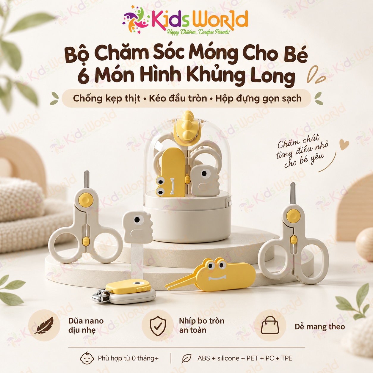 Bộ chăm sóc bấm móng tay móng chân cho bé 6 món hình khủng long chống kẹp thịt, kéo đầu tròn, dũa nano, nhíp bo tròn kèm hộp đựng