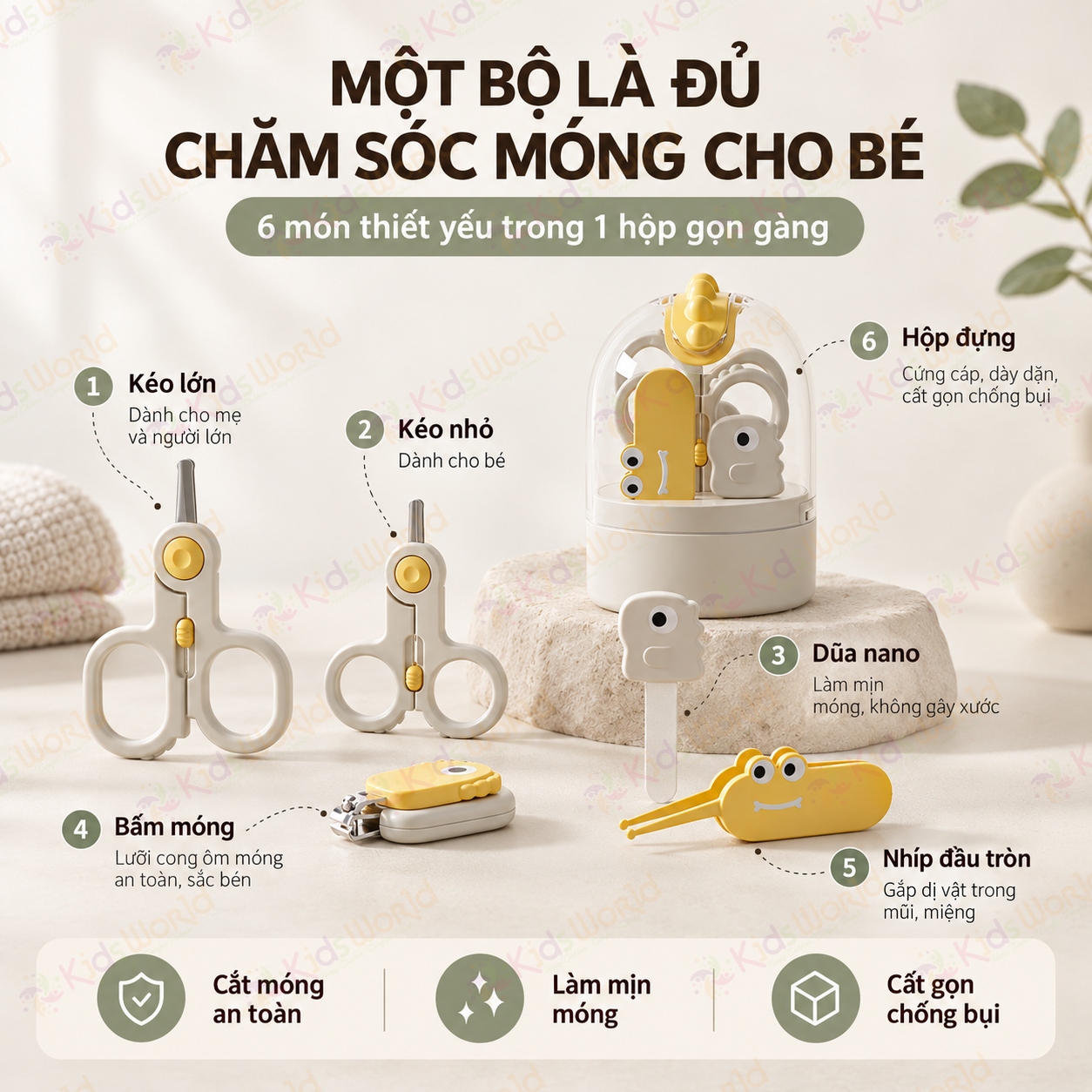 Bộ chăm sóc bấm móng tay móng chân cho bé 6 món hình khủng long chống kẹp thịt, kéo đầu tròn, dũa nano, nhíp bo tròn kèm hộp đựng