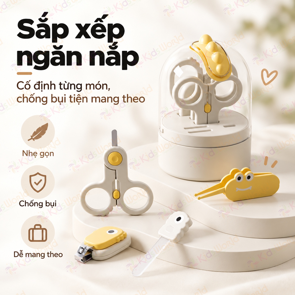 Bộ chăm sóc bấm móng tay móng chân cho bé 6 món hình khủng long chống kẹp thịt, kéo đầu tròn, dũa nano, nhíp bo tròn kèm hộp đựng