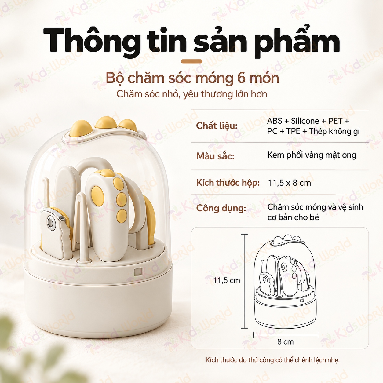 Bộ chăm sóc bấm móng tay móng chân cho bé 6 món hình khủng long chống kẹp thịt, kéo đầu tròn, dũa nano, nhíp bo tròn kèm hộp đựng