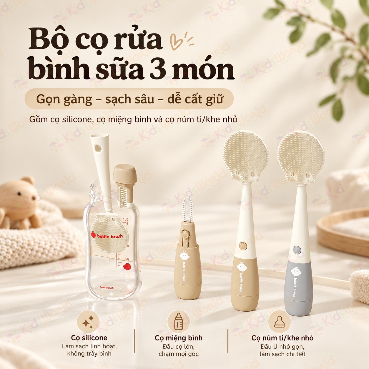 Bộ cọ rửa bình sữa TPE 3in1 đa năng cọ silicone, cọ miệng bình, cọ núm ti/khe nhỏ, tháo rời gọn nhẹ