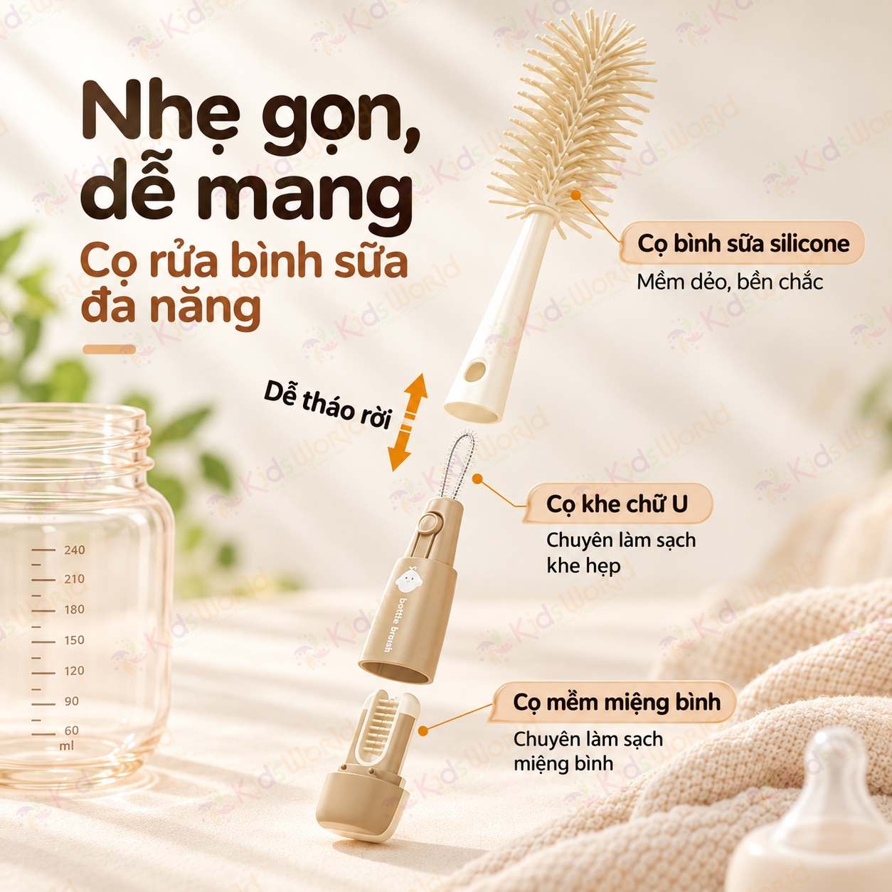Bộ cọ rửa bình sữa TPE 3in1 đa năng cọ silicone, cọ miệng bình, cọ núm ti/khe nhỏ, tháo rời gọn nhẹ