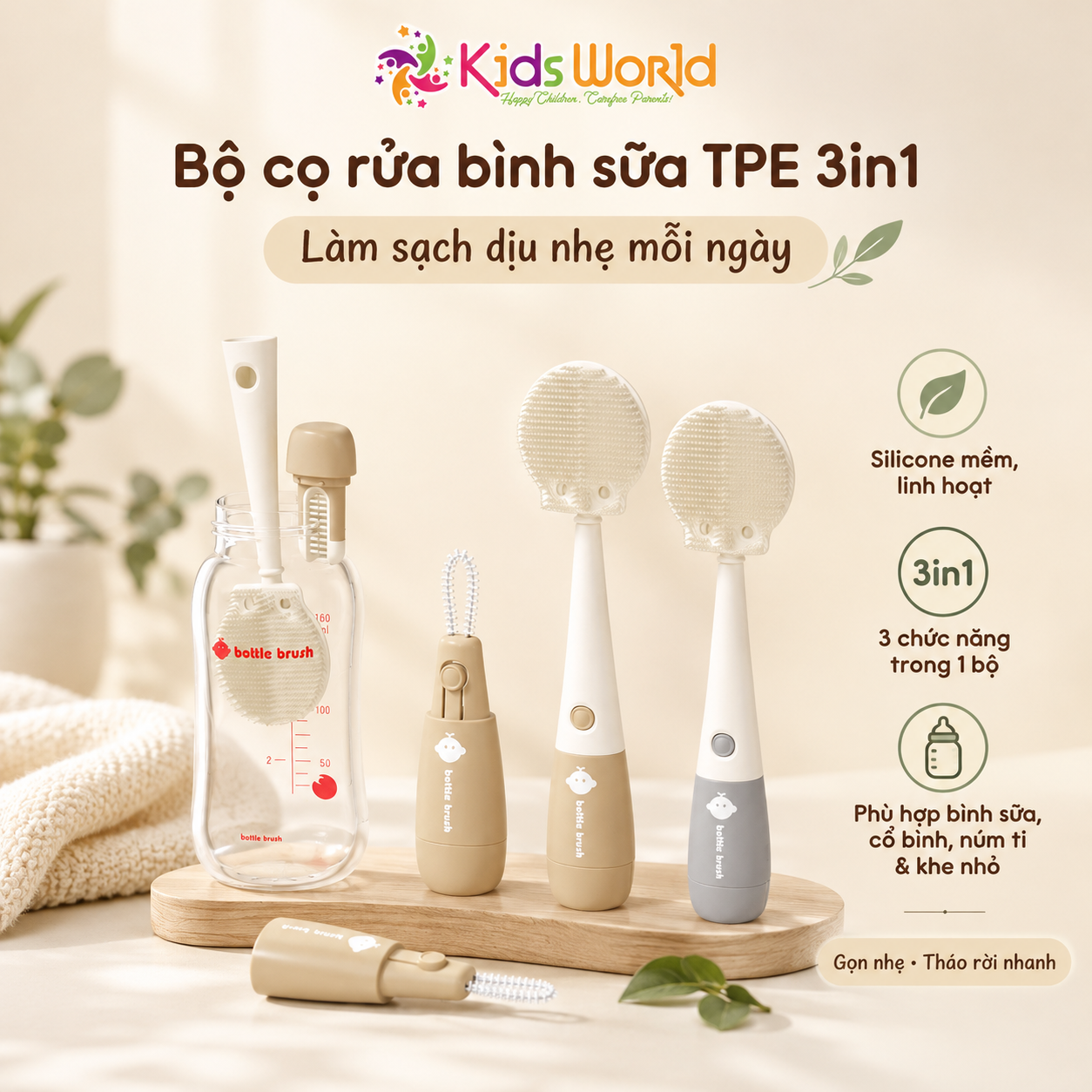 Bộ cọ rửa bình sữa TPE 3in1 đa năng cọ silicone, cọ miệng bình, cọ núm ti/khe nhỏ, tháo rời gọn nhẹ