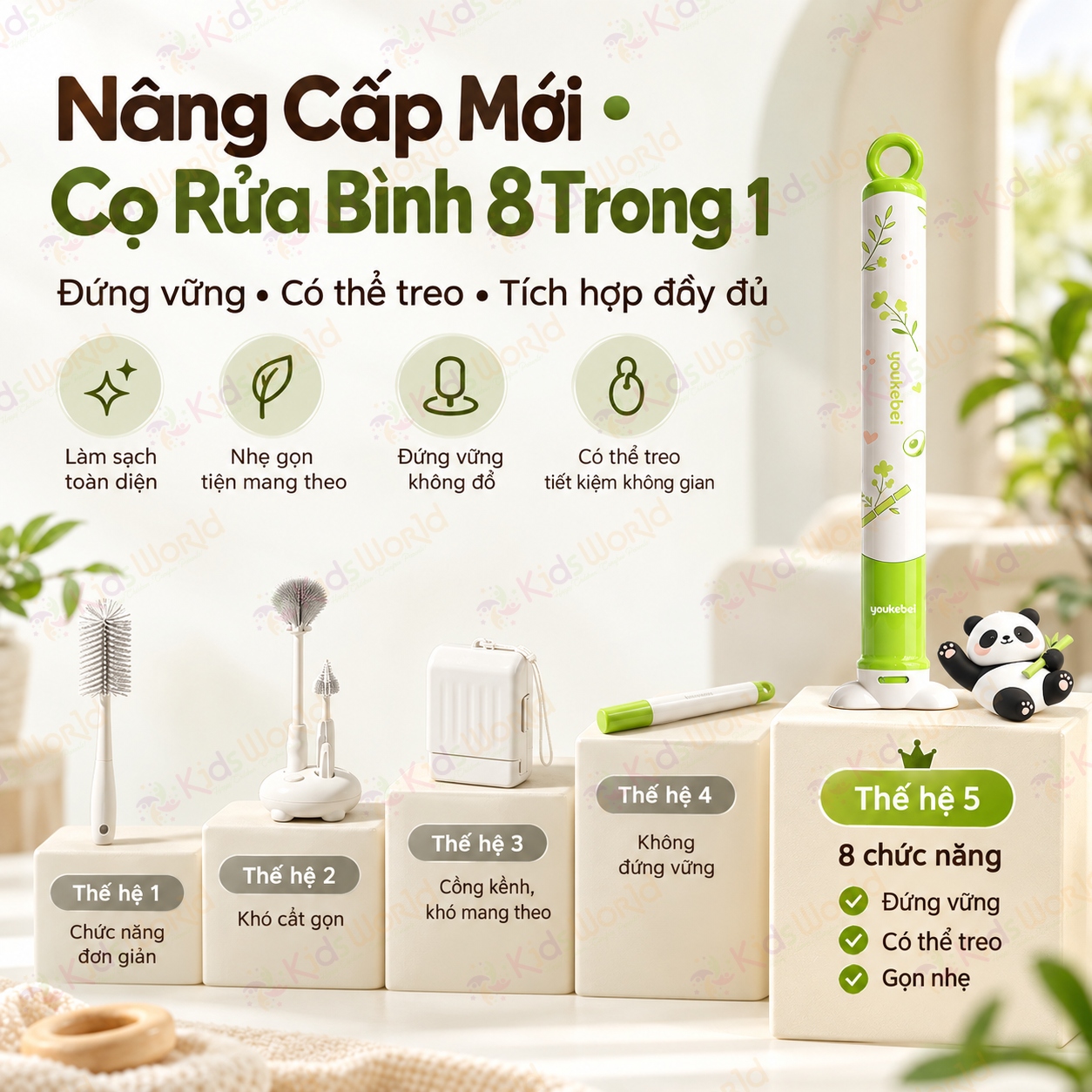 Bộ cọ rửa bình sữa Youkebei 8in1 chất liệu Silicone 360°vệ sinh bình, núm ti, ống hút, khe rãnh, miệng cốc thu gọn có đế đứng & vòng treo