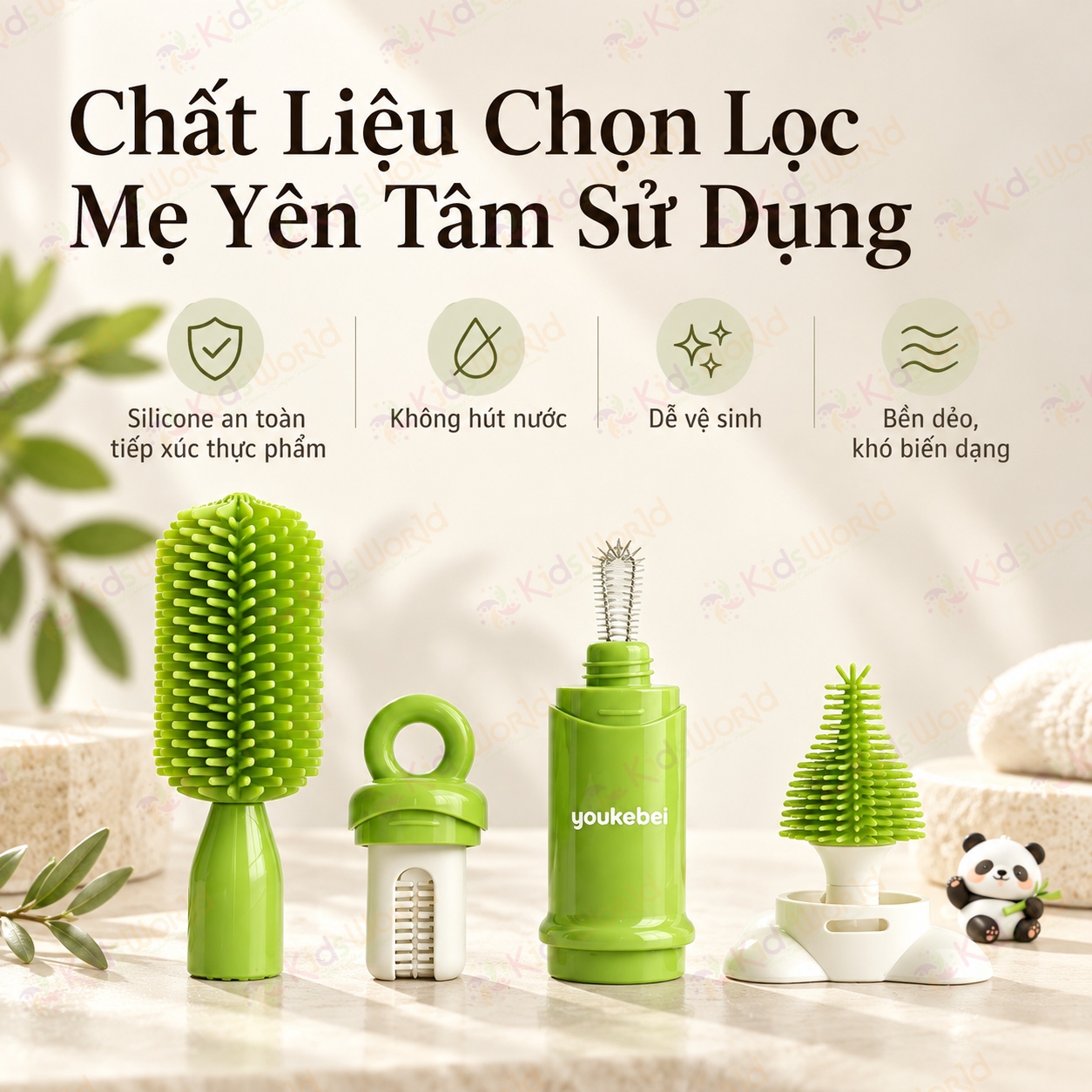 Bộ cọ rửa bình sữa Youkebei 8in1 chất liệu Silicone 360°vệ sinh bình, núm ti, ống hút, khe rãnh, miệng cốc thu gọn có đế đứng & vòng treo