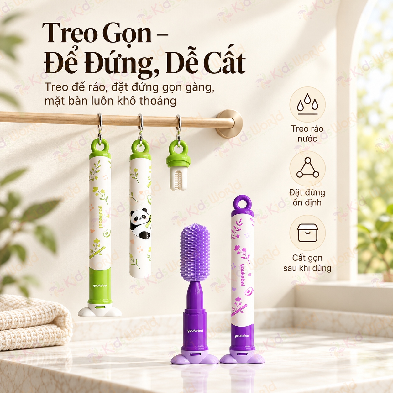 Bộ cọ rửa bình sữa Youkebei 8in1 chất liệu Silicone 360°vệ sinh bình, núm ti, ống hút, khe rãnh, miệng cốc thu gọn có đế đứng & vòng treo