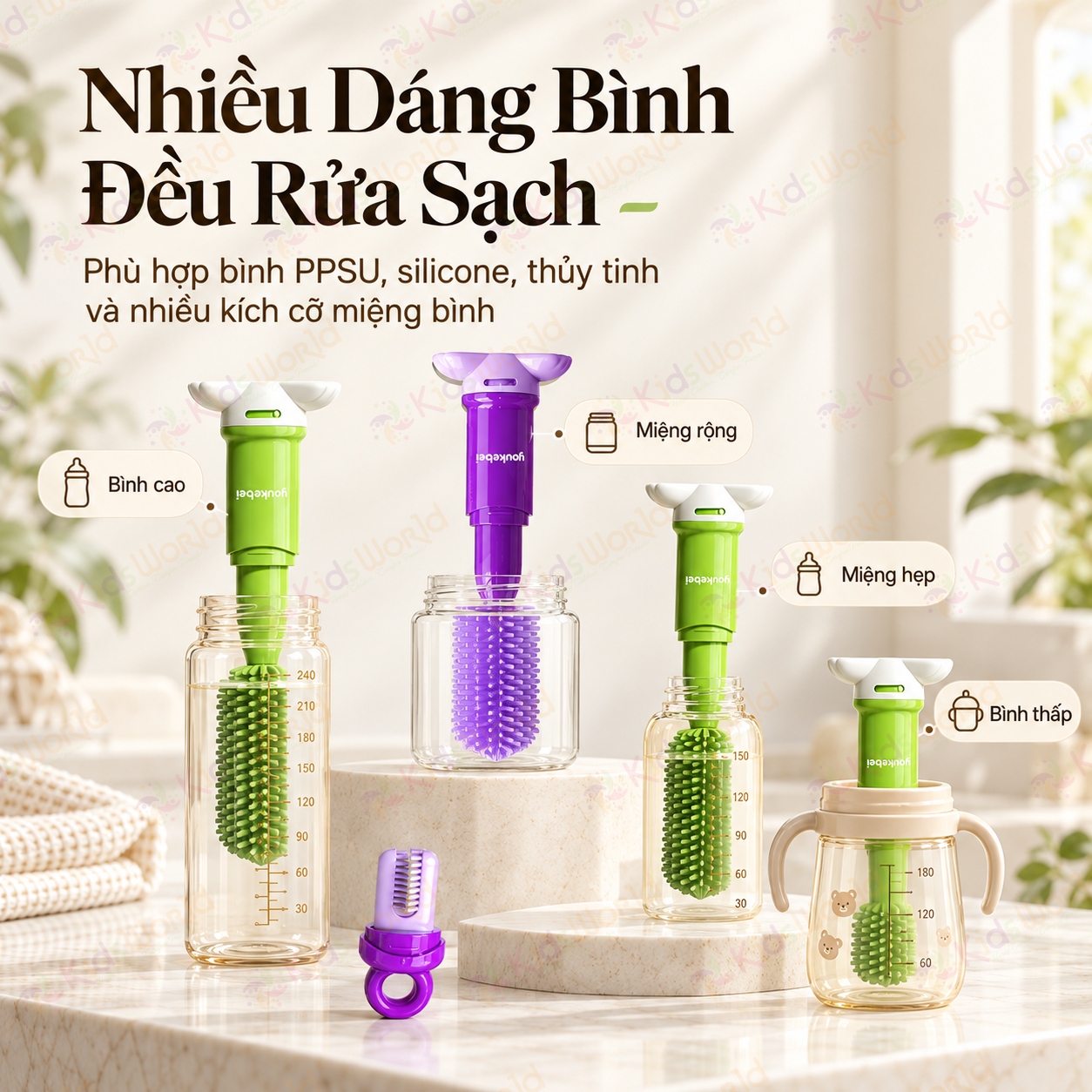 Bộ cọ rửa bình sữa Youkebei 8in1 chất liệu Silicone 360°vệ sinh bình, núm ti, ống hút, khe rãnh, miệng cốc thu gọn có đế đứng & vòng treo