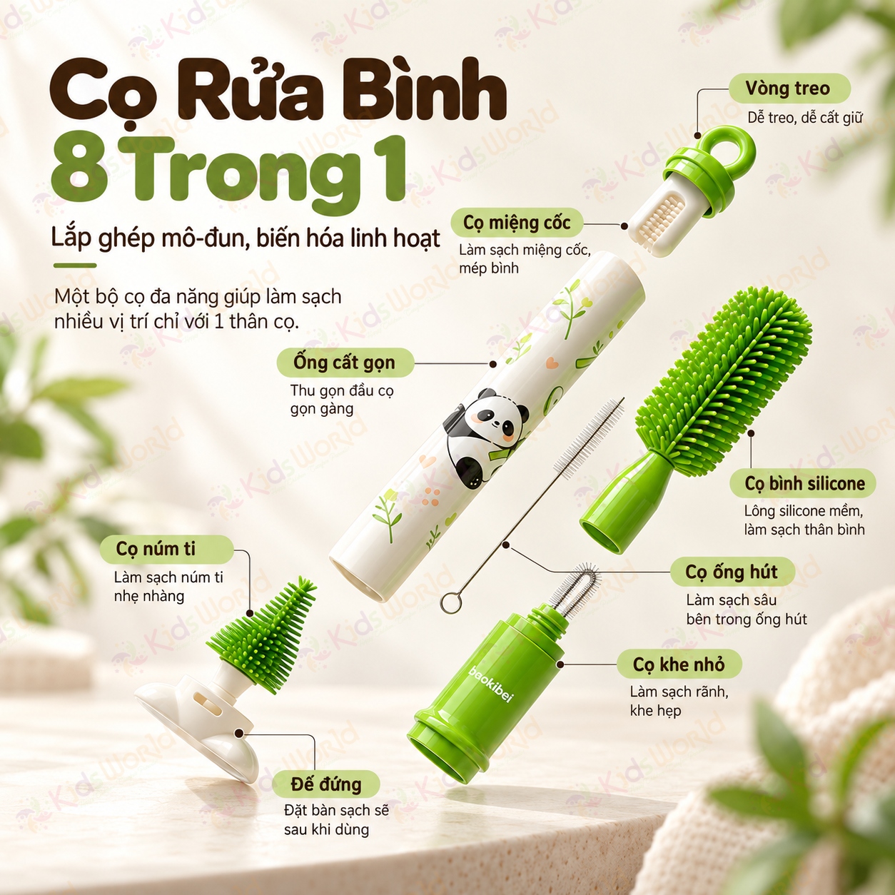 Bộ cọ rửa bình sữa Youkebei 8in1 chất liệu Silicone 360°vệ sinh bình, núm ti, ống hút, khe rãnh, miệng cốc thu gọn có đế đứng & vòng treo