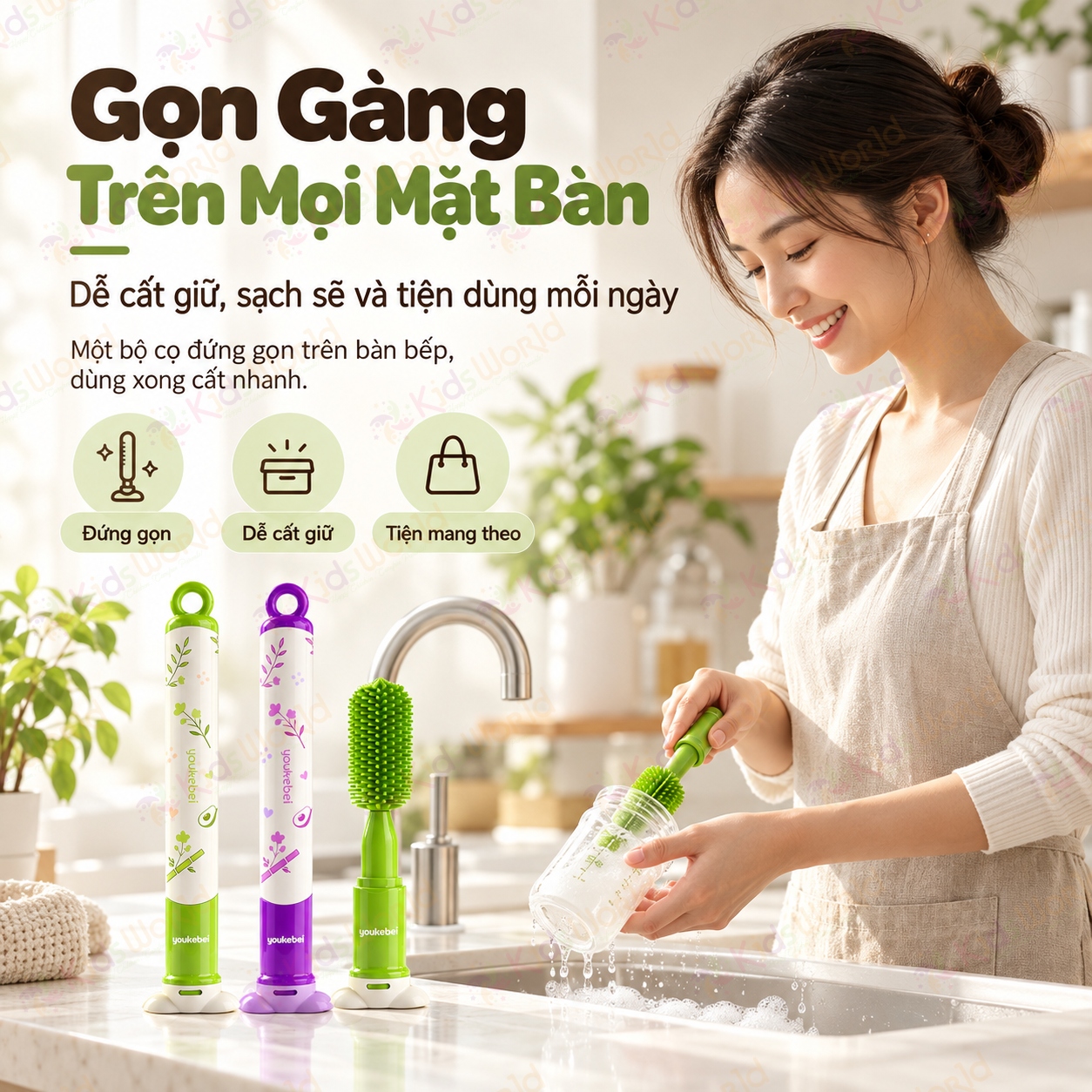 Bộ cọ rửa bình sữa Youkebei 8in1 chất liệu Silicone 360°vệ sinh bình, núm ti, ống hút, khe rãnh, miệng cốc thu gọn có đế đứng & vòng treo