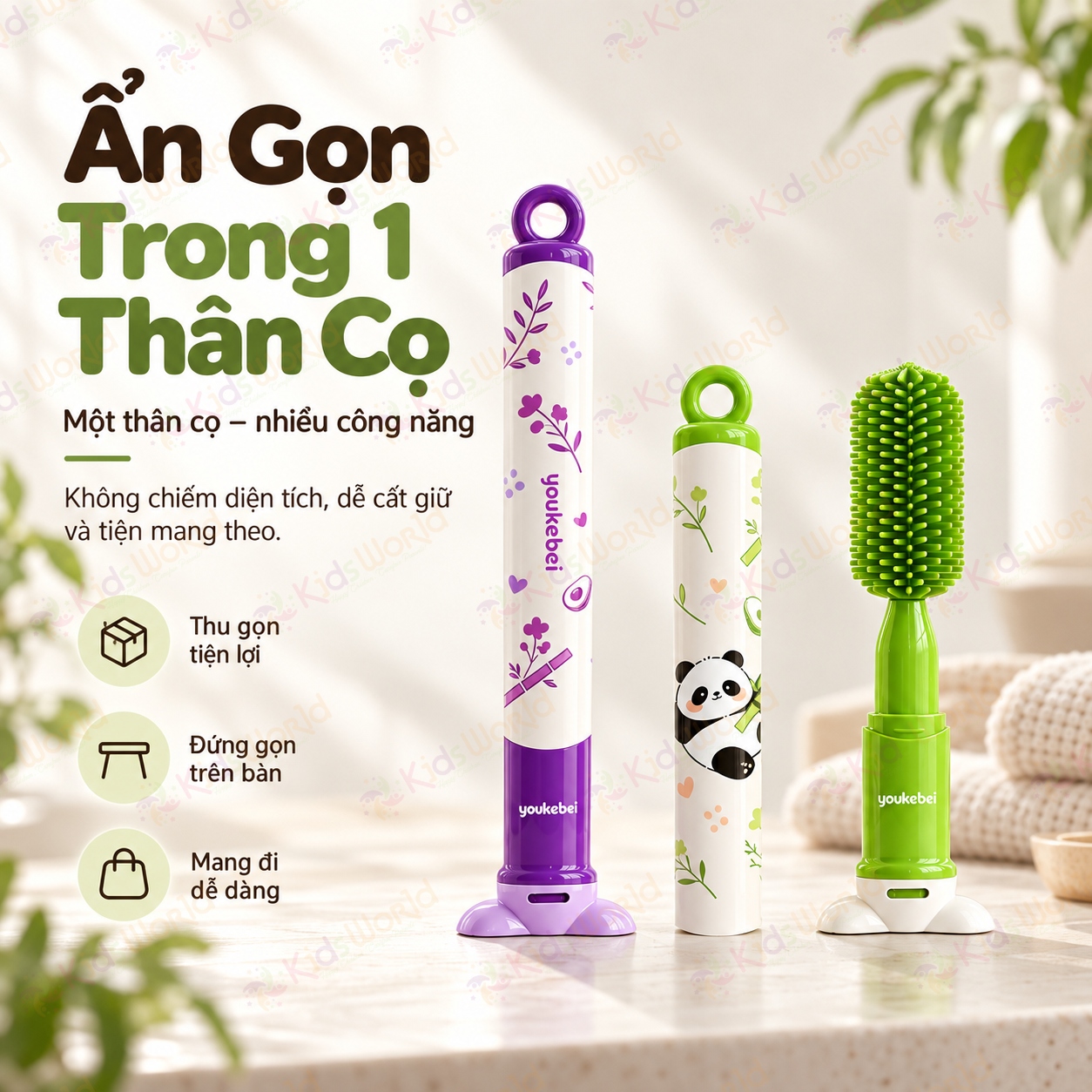 Bộ cọ rửa bình sữa Youkebei 8in1 chất liệu Silicone 360°vệ sinh bình, núm ti, ống hút, khe rãnh, miệng cốc thu gọn có đế đứng & vòng treo