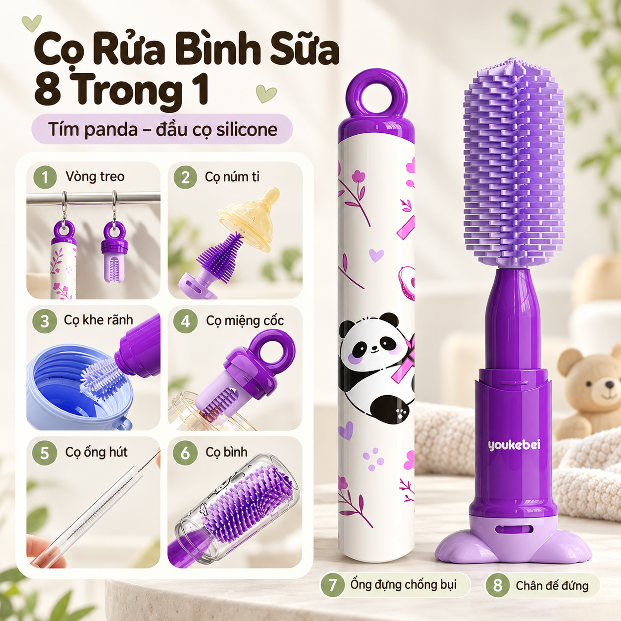 Bộ cọ rửa bình sữa Youkebei 8in1 chất liệu Silicone 360°vệ sinh bình, núm ti, ống hút, khe rãnh, miệng cốc thu gọn có đế đứng & vòng treo