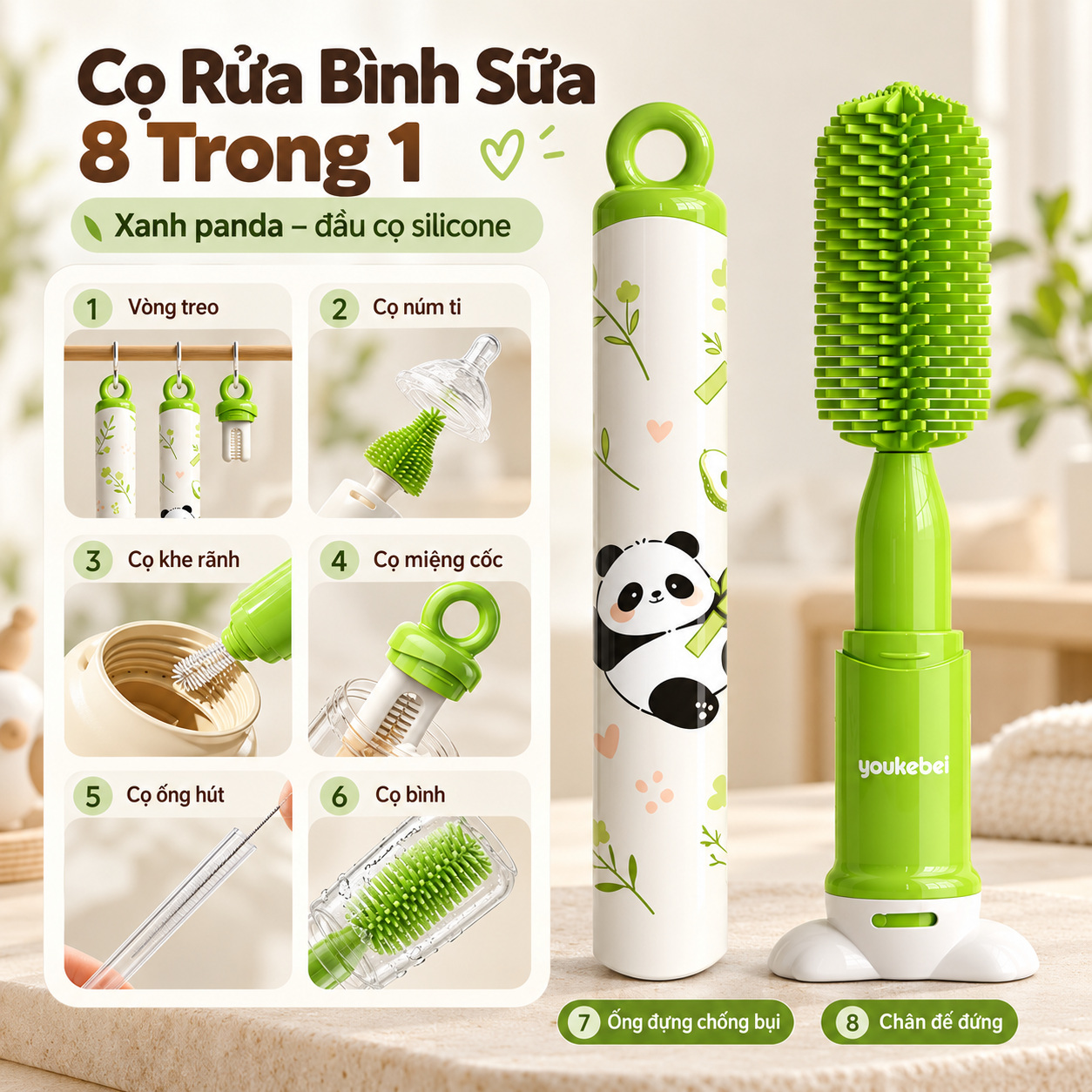 Bộ cọ rửa bình sữa Youkebei 8in1 chất liệu Silicone 360°vệ sinh bình, núm ti, ống hút, khe rãnh, miệng cốc thu gọn có đế đứng & vòng treo