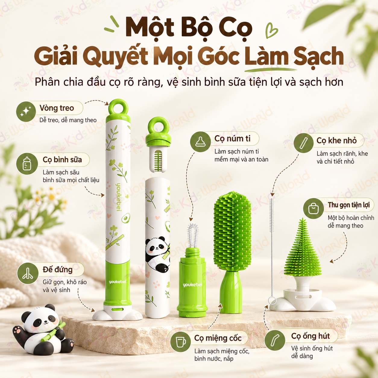 Bộ cọ rửa bình sữa Youkebei 8in1 chất liệu Silicone 360°vệ sinh bình, núm ti, ống hút, khe rãnh, miệng cốc thu gọn có đế đứng & vòng treo