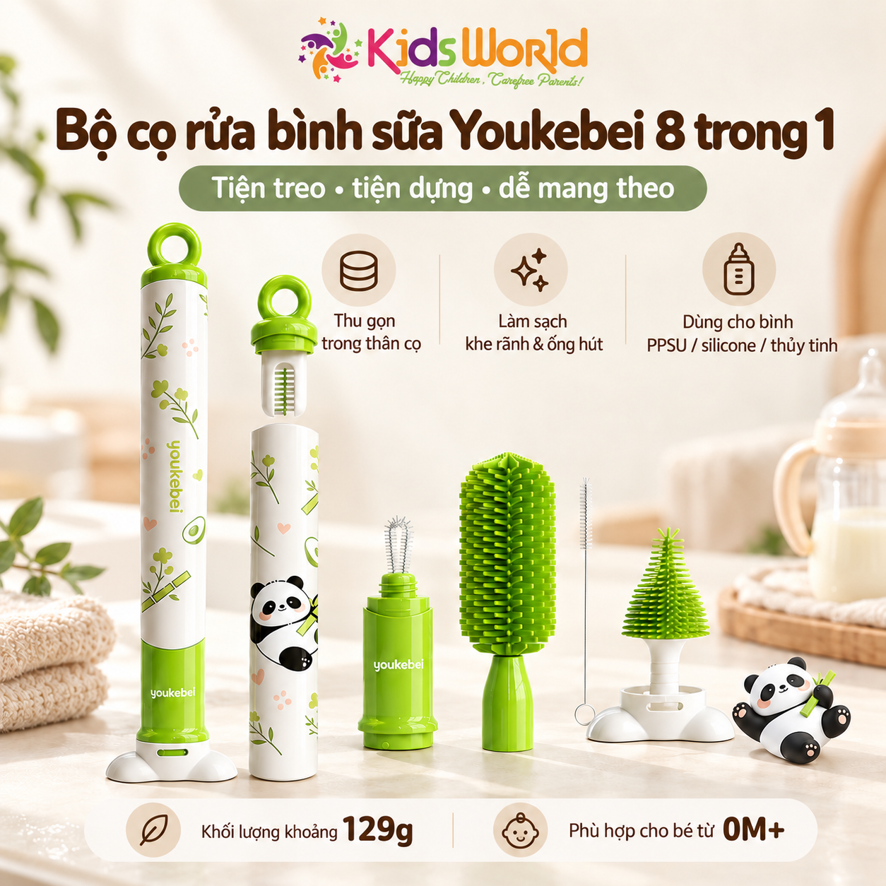 Bộ cọ rửa bình sữa Youkebei 8in1 chất liệu Silicone 360°vệ sinh bình, núm ti, ống hút, khe rãnh, miệng cốc thu gọn có đế đứng & vòng treo