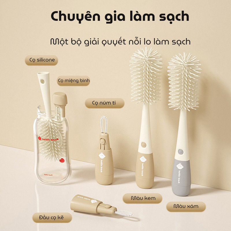 Bộ cọ rửa bình sữa silicone TPE đa năng 3in1 vệ sinh chuyên sâu, kháng khuẩ, thiết kế sang trọng, có thể tháo rời