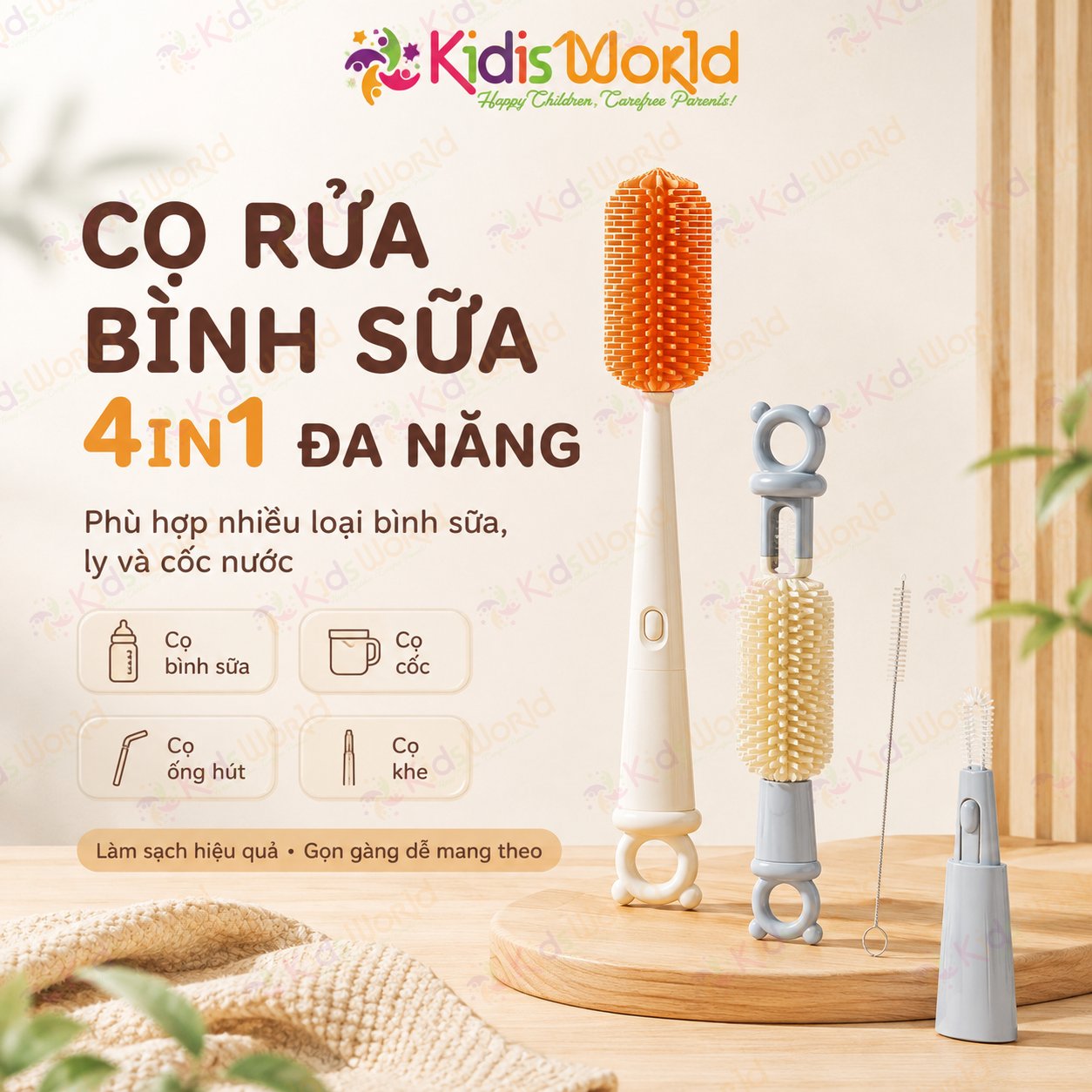 Bộ cọ rửa bình sữa silicone Youkebei 4in1 cho bé đa năng kèm cọ ống hút, cọ khe hẹp, cọ miệng cốc, treo gọn tiện lợi