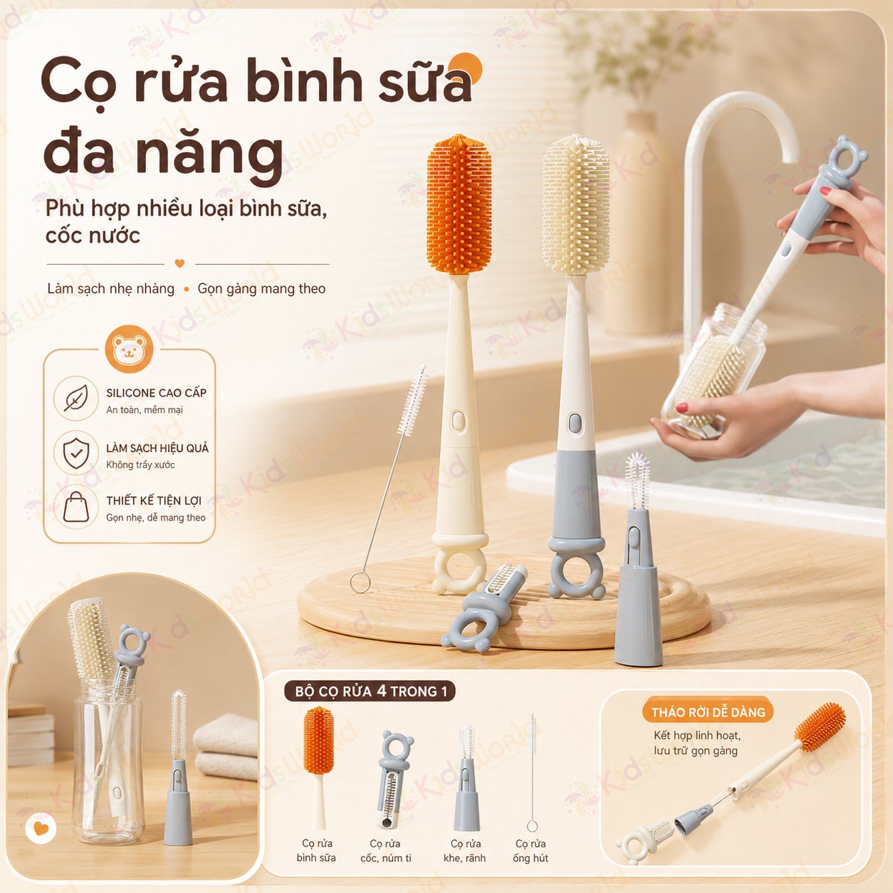 Bộ cọ rửa bình sữa silicone Youkebei 4in1 cho bé đa năng kèm cọ ống hút, cọ khe hẹp, cọ miệng cốc, treo gọn tiện lợi