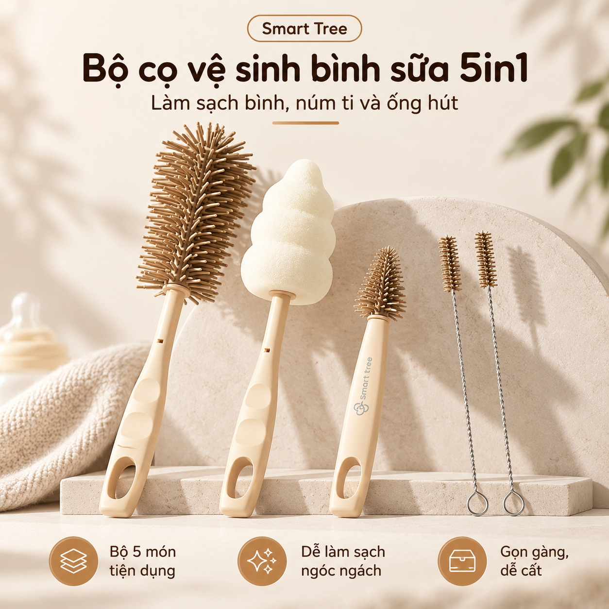Bộ cọ rửa vệ sinh bình sữa Smart Tree 5in1 cọ bình, cọ mút núm ti, cọ khe nhỏ, 2 cọ ống hút tay cầm dễ cầm, vệ sinh