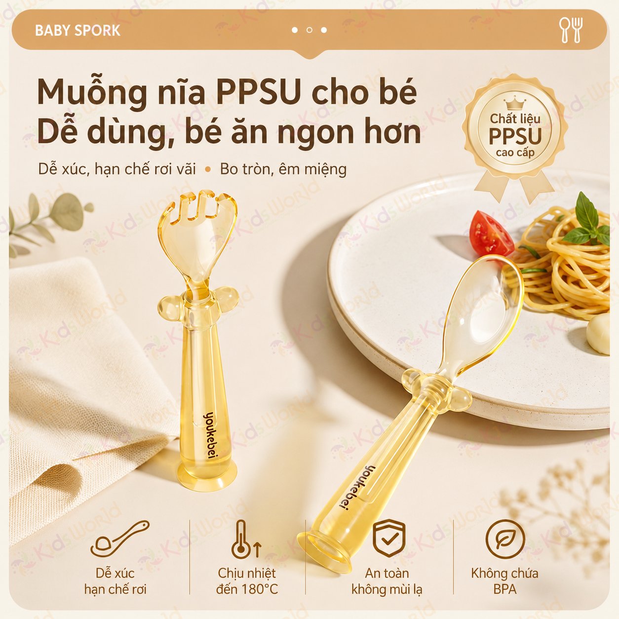 Bộ thìa nĩa PPSU cho bé ăn dặm Youkebei YKB-68713 có đế hít chống rơi vãi, bo tròn êm miệng, Free BPA, chịu nhiệt 180°c, kèm hộp đựng tiện lợi