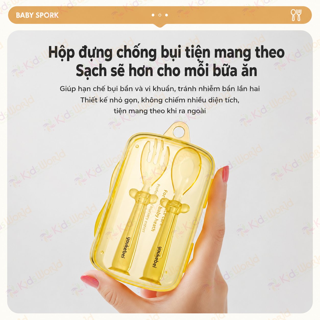 Bộ thìa nĩa PPSU cho bé ăn dặm Youkebei YKB-68713 có đế hít chống rơi vãi, bo tròn êm miệng, Free BPA, chịu nhiệt 180°c, kèm hộp đựng tiện lợi