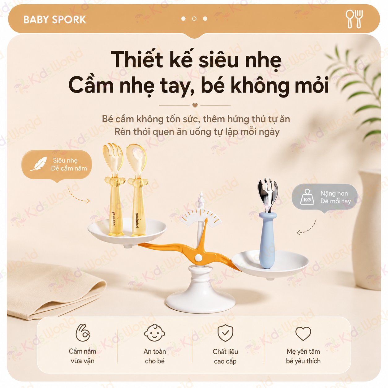Bộ thìa nĩa PPSU cho bé ăn dặm Youkebei YKB-68713 có đế hít chống rơi vãi, bo tròn êm miệng, Free BPA, chịu nhiệt 180°c, kèm hộp đựng tiện lợi