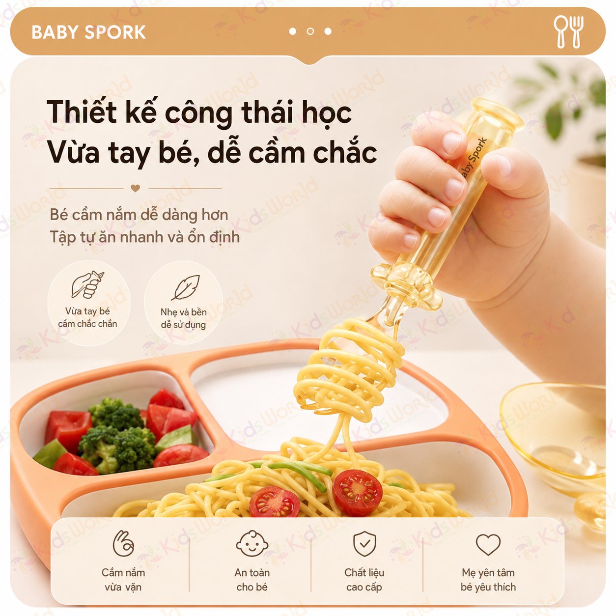 Bộ thìa nĩa PPSU cho bé ăn dặm Youkebei YKB-68713 có đế hít chống rơi vãi, bo tròn êm miệng, Free BPA, chịu nhiệt 180°c, kèm hộp đựng tiện lợi