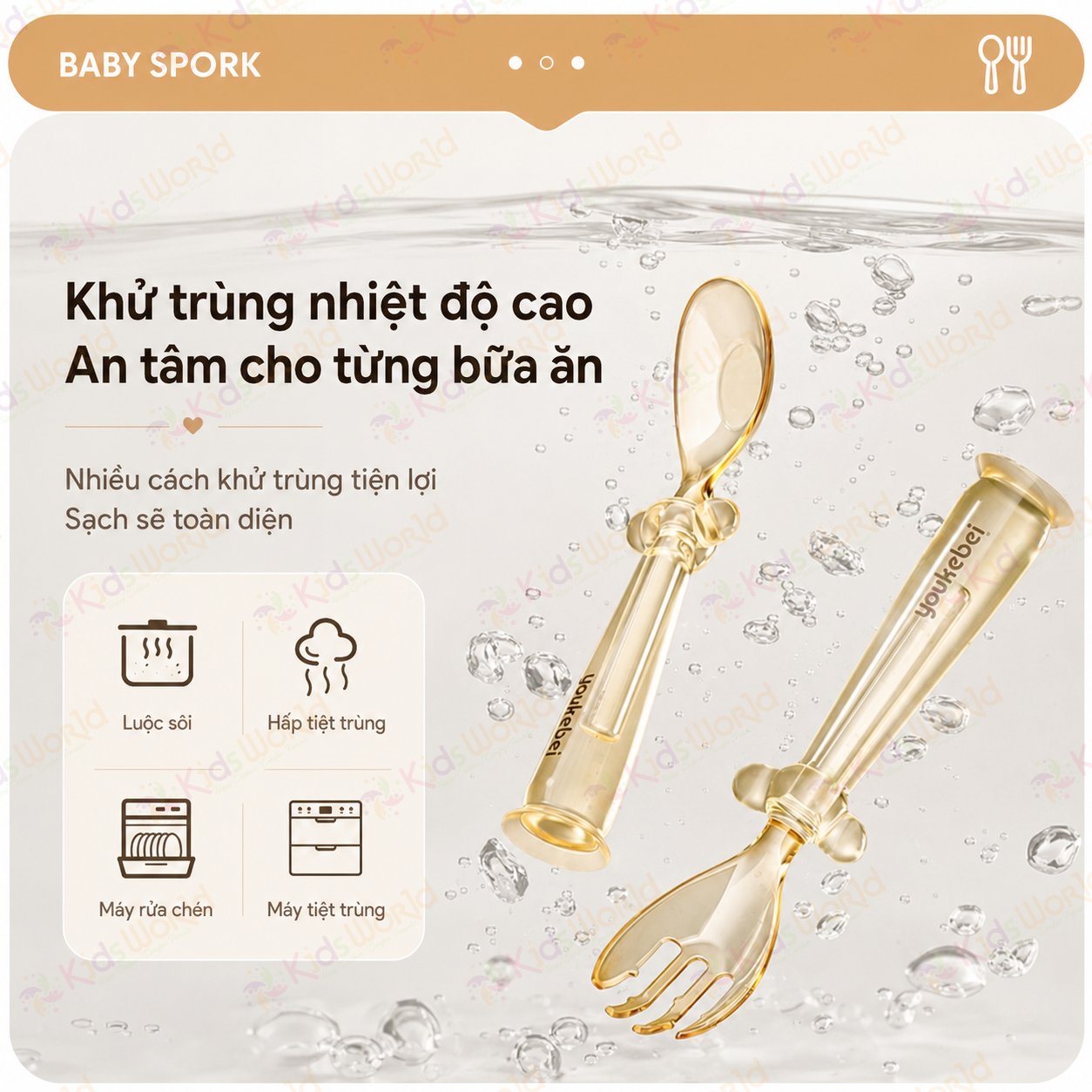Bộ thìa nĩa PPSU cho bé ăn dặm Youkebei YKB-68713 có đế hít chống rơi vãi, bo tròn êm miệng, Free BPA, chịu nhiệt 180°c, kèm hộp đựng tiện lợi