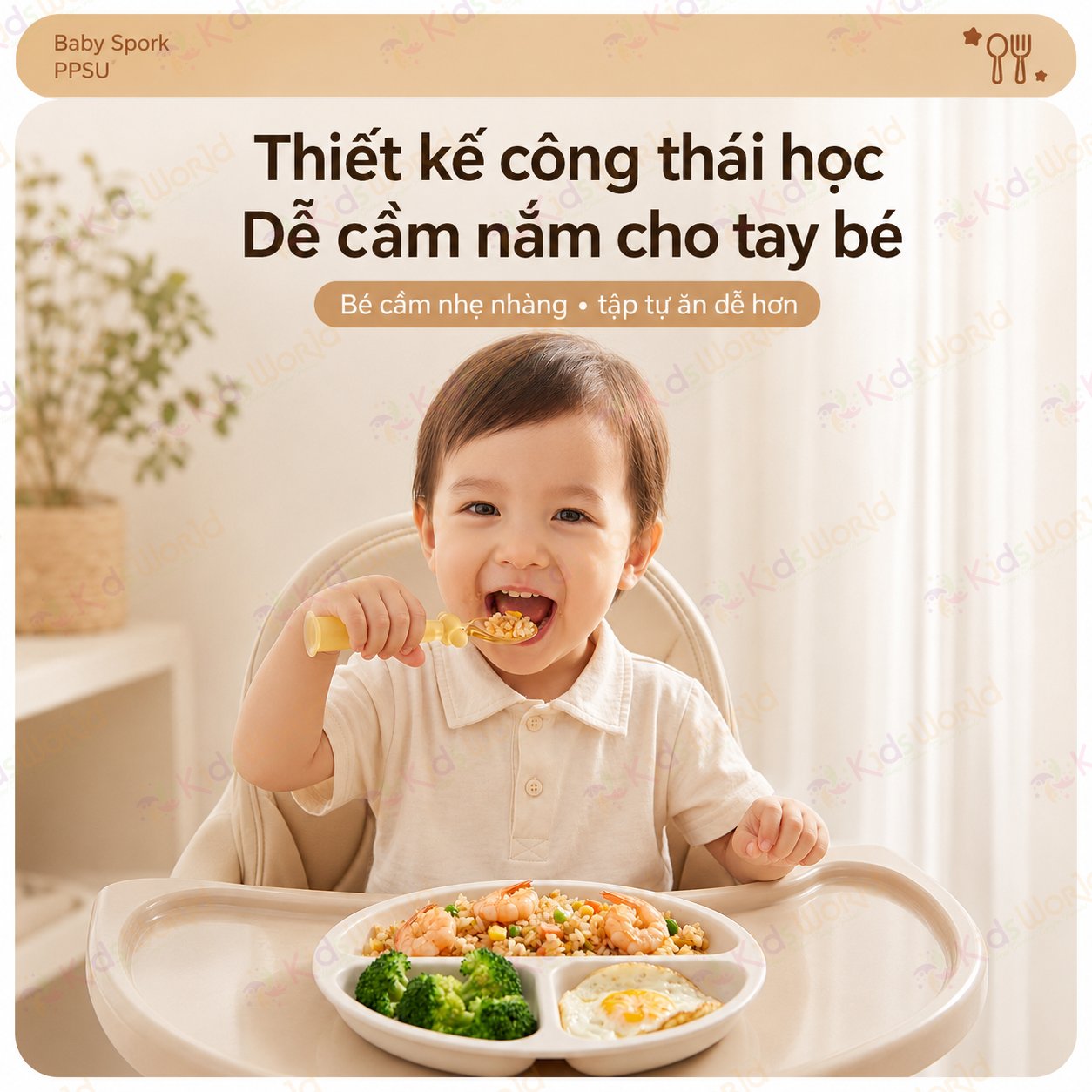 Bộ thìa nĩa PPSU cho bé ăn dặm Youkebei YKB-68713 có đế hít chống rơi vãi, bo tròn êm miệng, Free BPA, chịu nhiệt 180°c, kèm hộp đựng tiện lợi