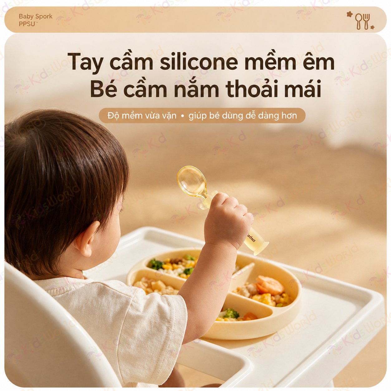 Bộ thìa nĩa PPSU cho bé ăn dặm Youkebei YKB-68713 có đế hít chống rơi vãi, bo tròn êm miệng, Free BPA, chịu nhiệt 180°c, kèm hộp đựng tiện lợi