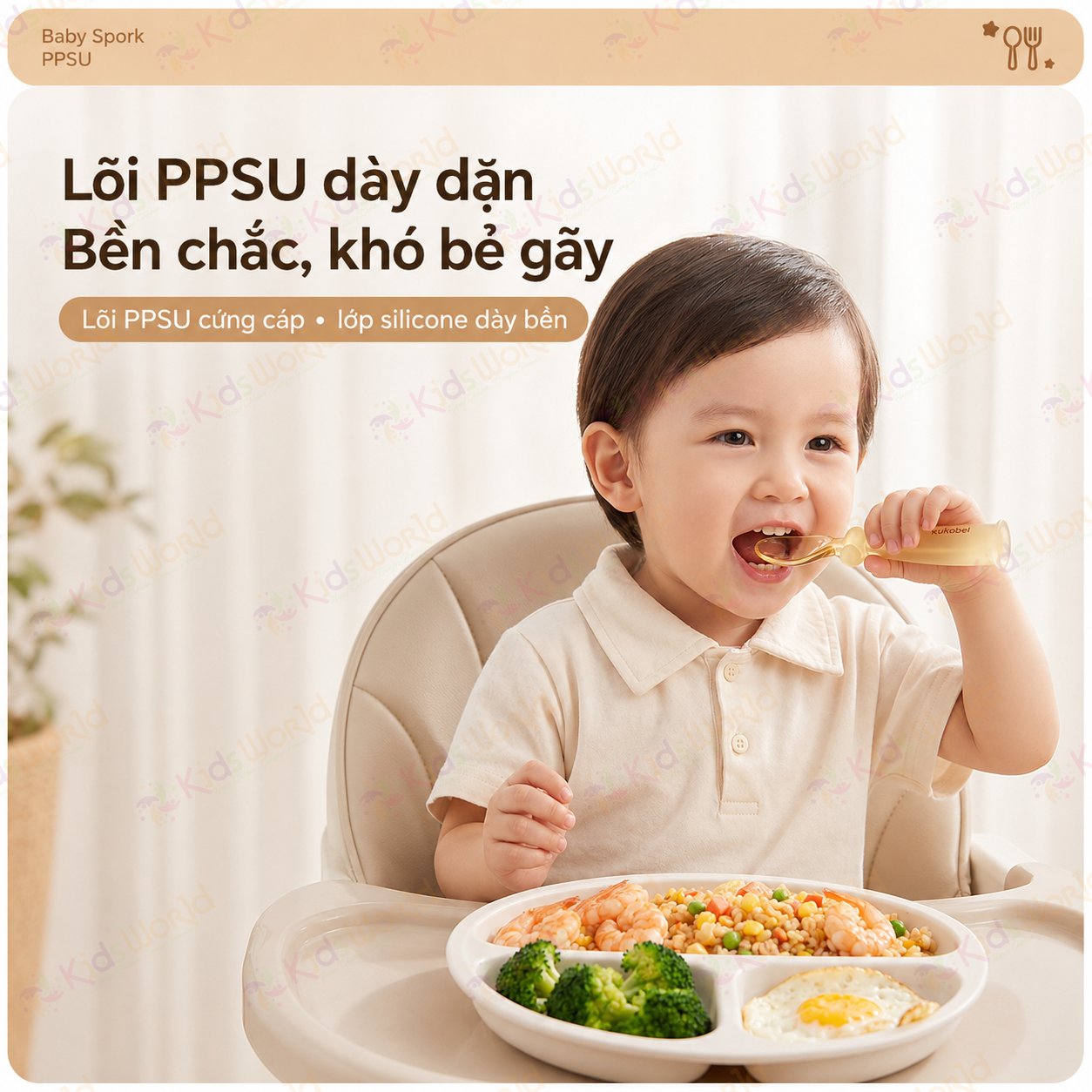 Bộ thìa nĩa PPSU cho bé ăn dặm Youkebei YKB-68713 có đế hít chống rơi vãi, bo tròn êm miệng, Free BPA, chịu nhiệt 180°c, kèm hộp đựng tiện lợi
