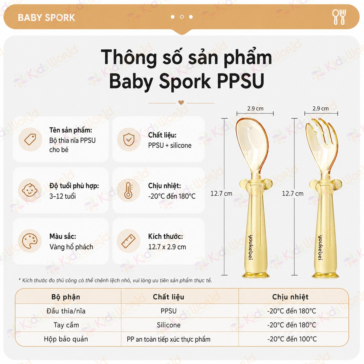 Bộ thìa nĩa PPSU cho bé ăn dặm Youkebei YKB-68713 có đế hít chống rơi vãi, bo tròn êm miệng, Free BPA, chịu nhiệt 180°c, kèm hộp đựng tiện lợi
