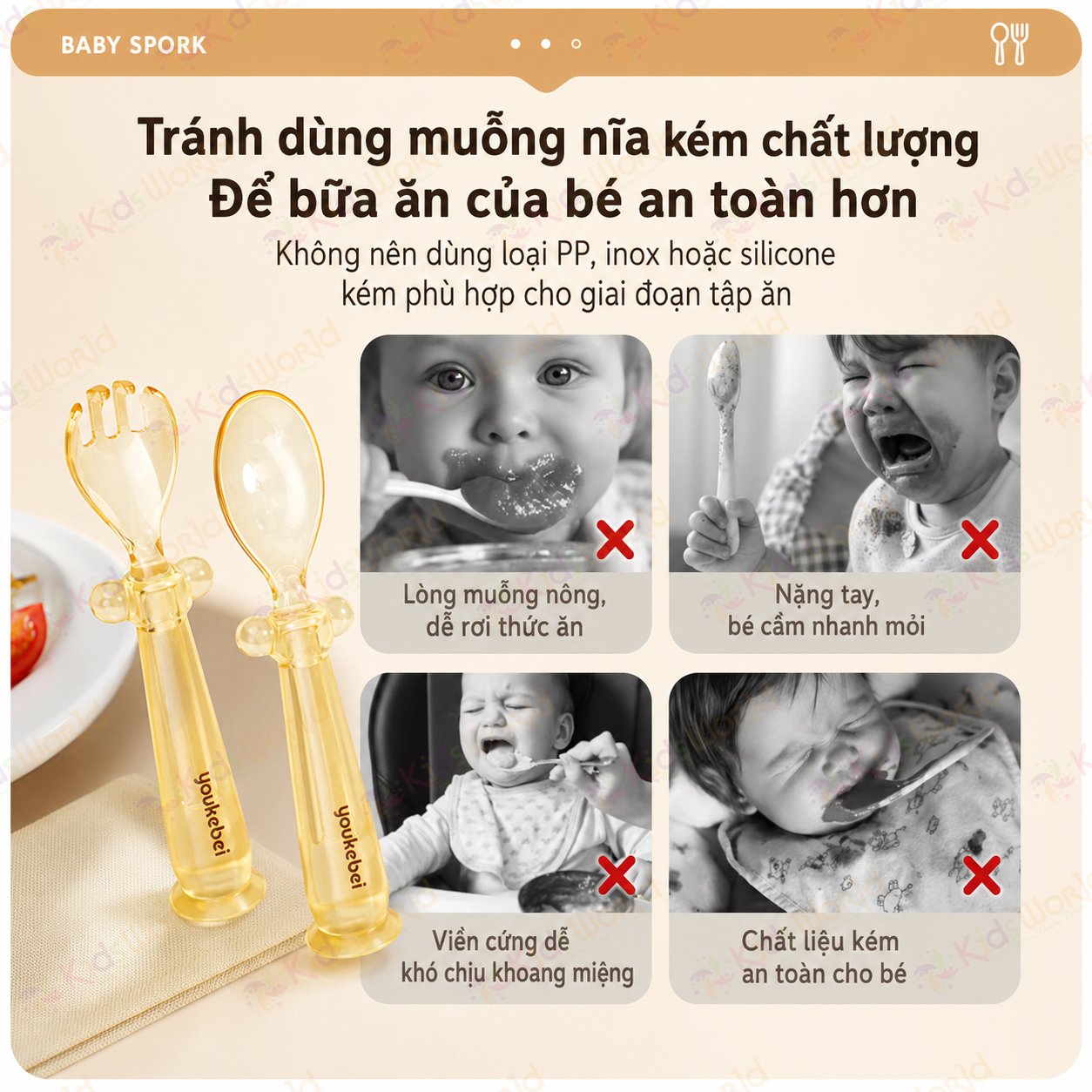 Bộ thìa nĩa PPSU cho bé ăn dặm Youkebei YKB-68713 có đế hít chống rơi vãi, bo tròn êm miệng, Free BPA, chịu nhiệt 180°c, kèm hộp đựng tiện lợi