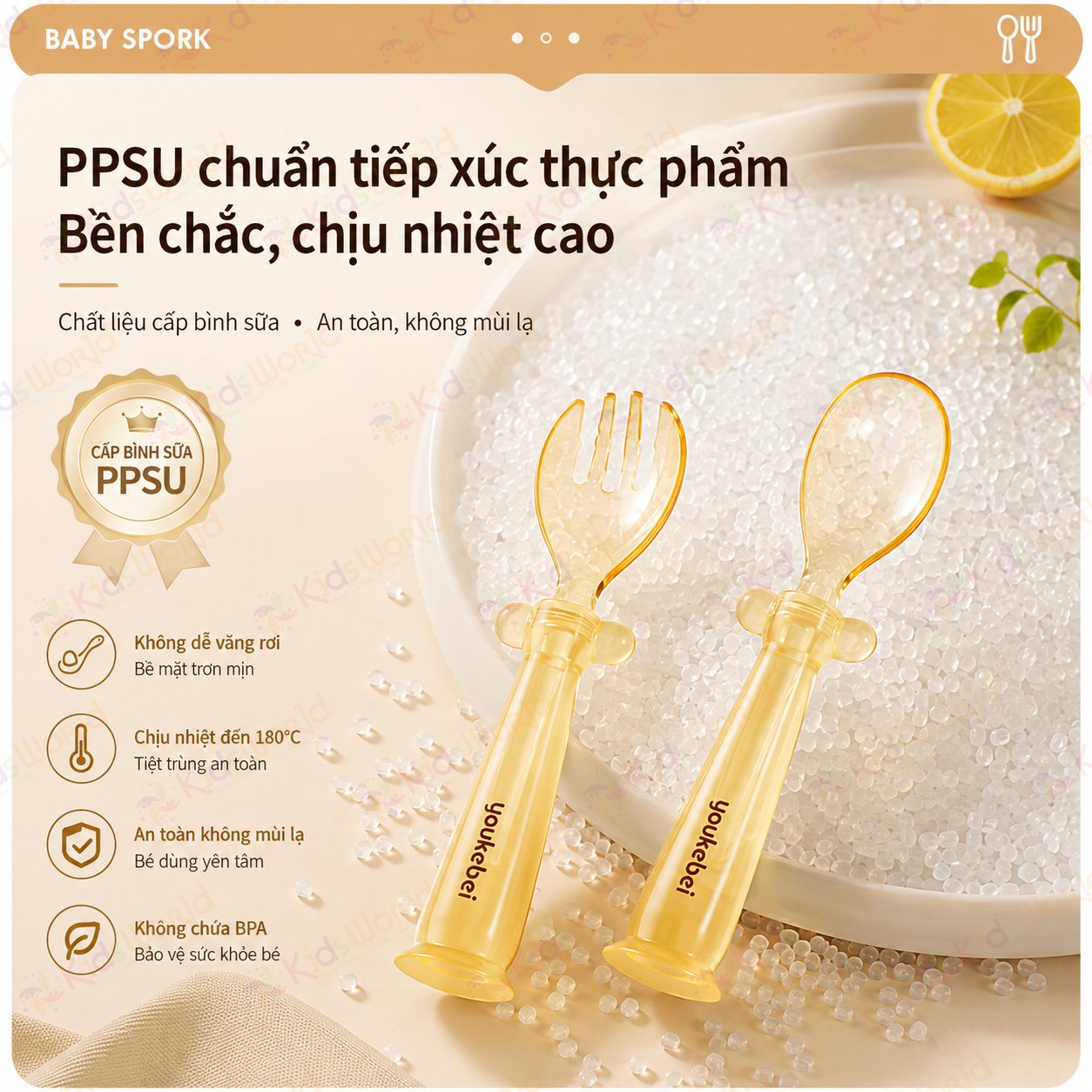 Bộ thìa nĩa PPSU cho bé ăn dặm Youkebei YKB-68713 có đế hít chống rơi vãi, bo tròn êm miệng, Free BPA, chịu nhiệt 180°c, kèm hộp đựng tiện lợi
