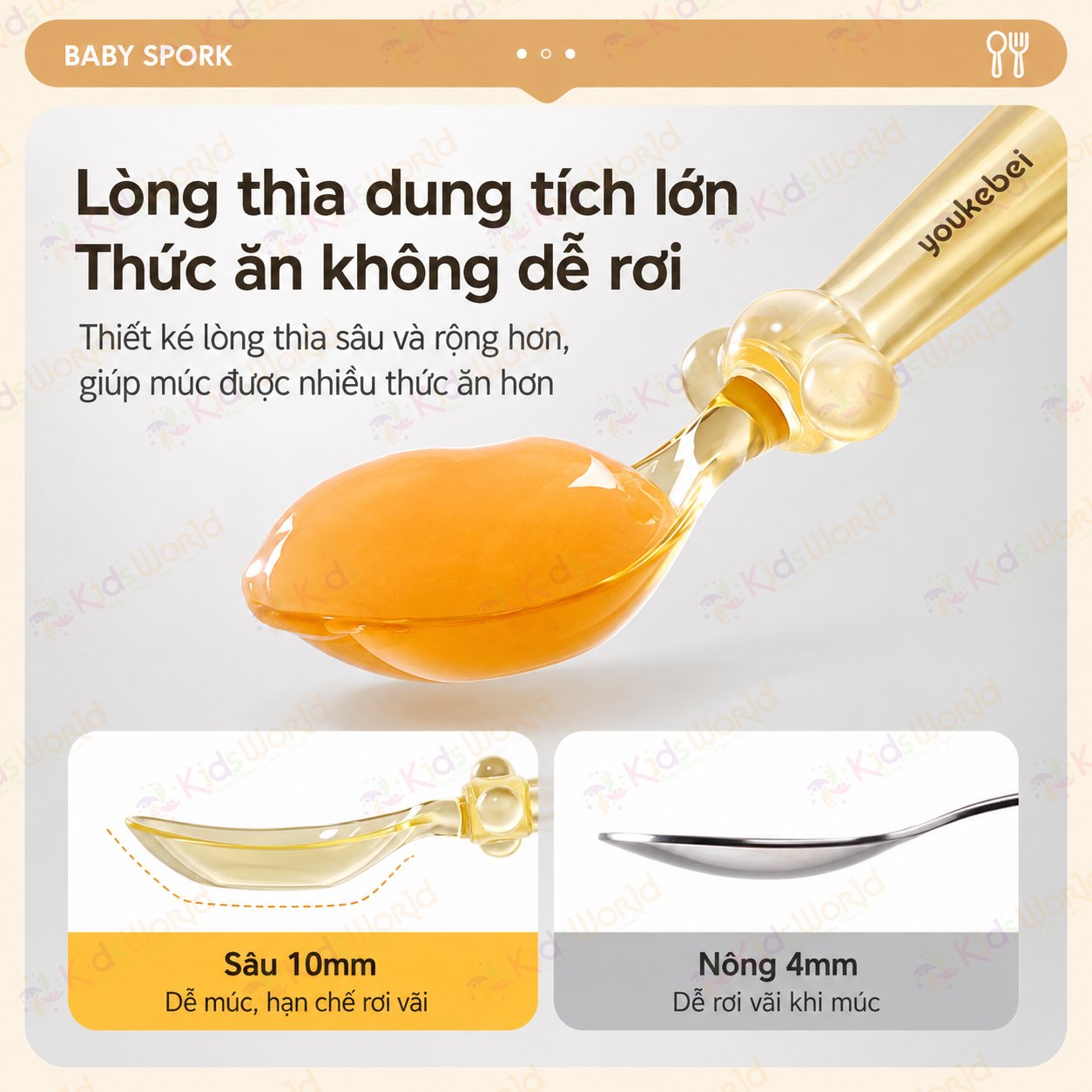 Bộ thìa nĩa PPSU cho bé ăn dặm Youkebei YKB-68713 có đế hít chống rơi vãi, bo tròn êm miệng, Free BPA, chịu nhiệt 180°c, kèm hộp đựng tiện lợi