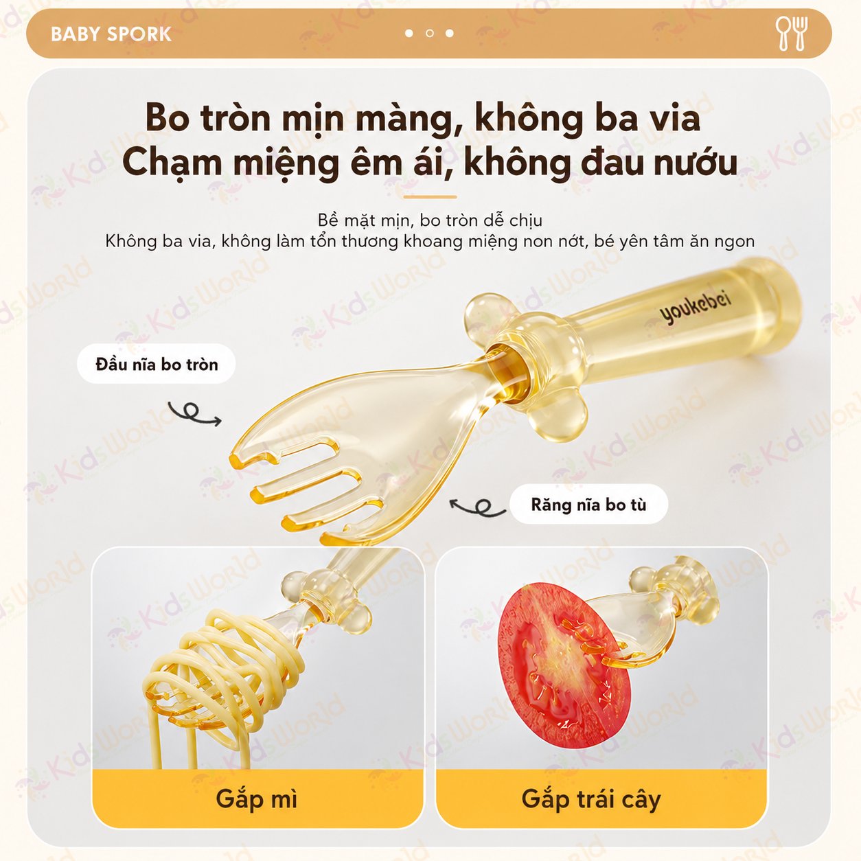 Bộ thìa nĩa PPSU cho bé ăn dặm Youkebei YKB-68713 có đế hít chống rơi vãi, bo tròn êm miệng, Free BPA, chịu nhiệt 180°c, kèm hộp đựng tiện lợi