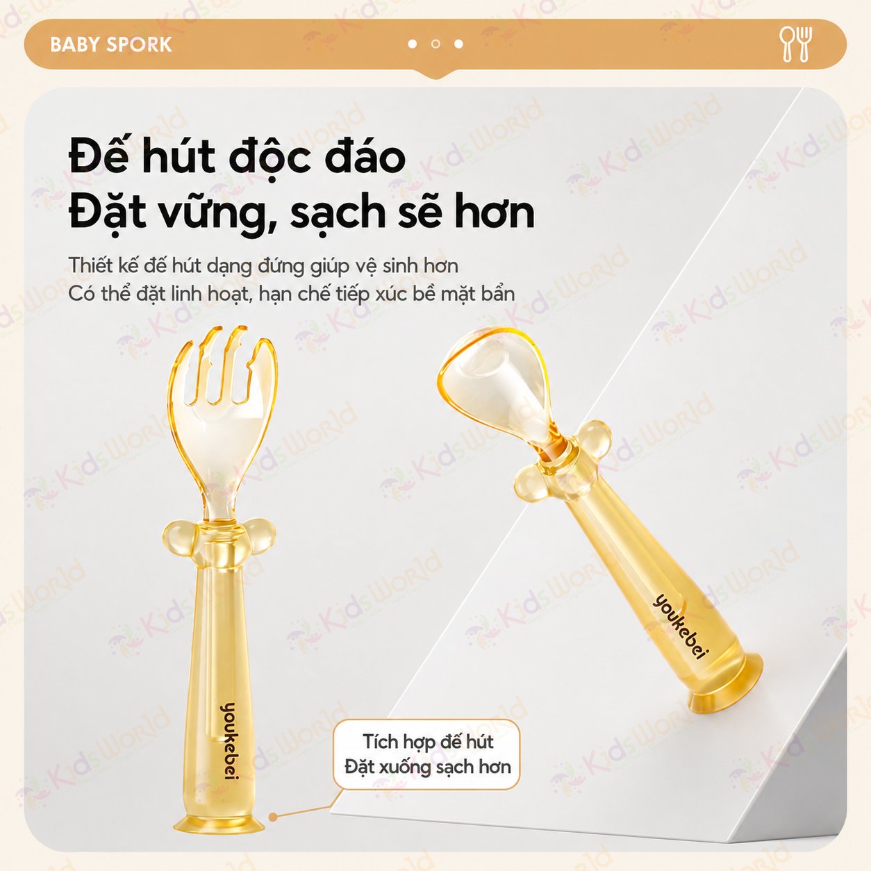 Bộ thìa nĩa PPSU cho bé ăn dặm Youkebei YKB-68713 có đế hít chống rơi vãi, bo tròn êm miệng, Free BPA, chịu nhiệt 180°c, kèm hộp đựng tiện lợi
