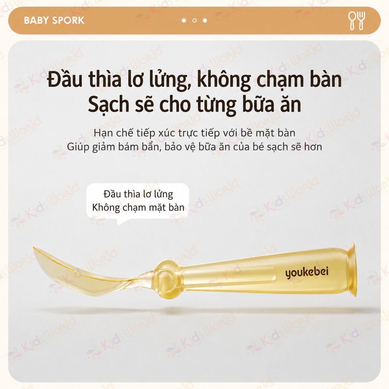 Bộ thìa nĩa PPSU cho bé ăn dặm Youkebei YKB-68713 có đế hít chống rơi vãi, bo tròn êm miệng, Free BPA, chịu nhiệt 180°c, kèm hộp đựng tiện lợi