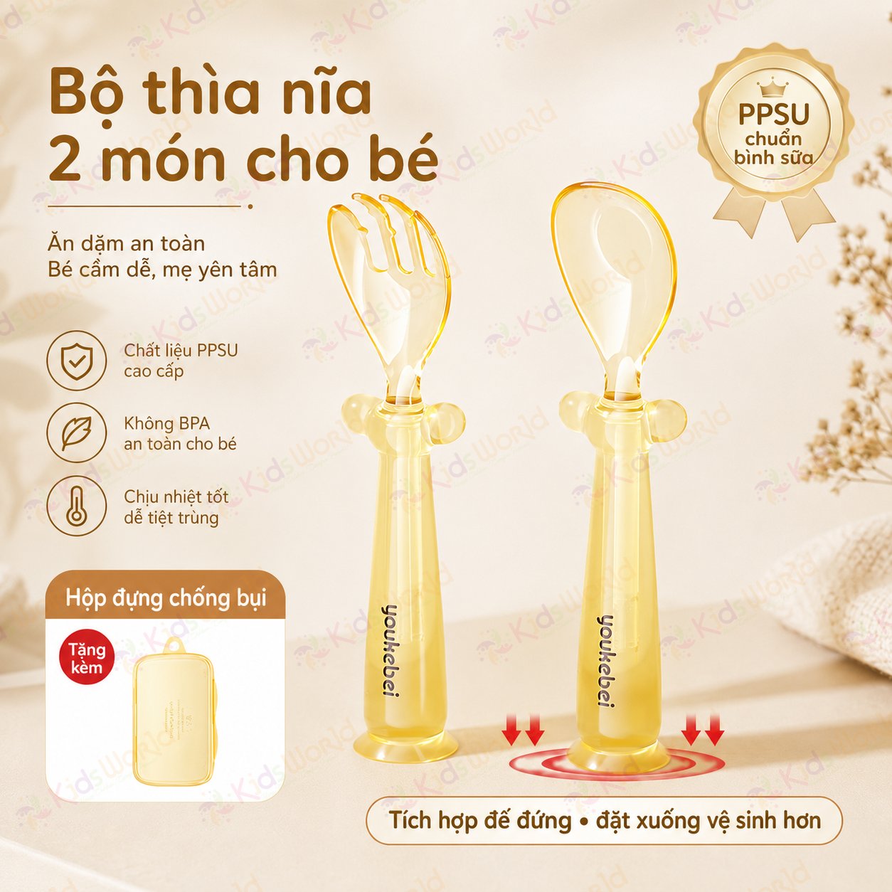 Bộ thìa nĩa PPSU cho bé ăn dặm Youkebei YKB-68713 có đế hít chống rơi vãi, bo tròn êm miệng, Free BPA, chịu nhiệt 180°c, kèm hộp đựng tiện lợi