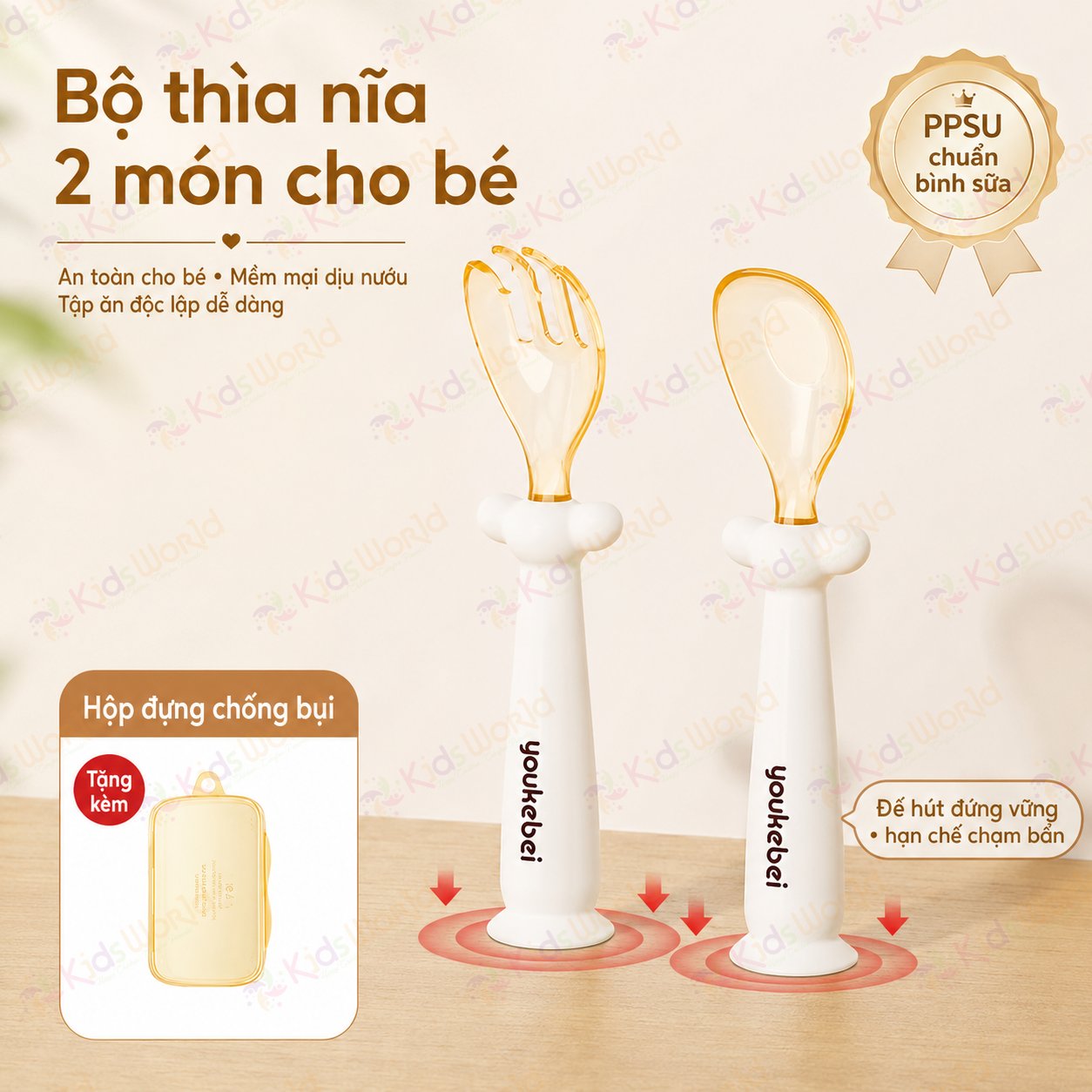 Bộ thìa nĩa PPSU cho bé ăn dặm Youkebei YKB-68713 có đế hít chống rơi vãi, bo tròn êm miệng, Free BPA, chịu nhiệt 180°c, kèm hộp đựng tiện lợi